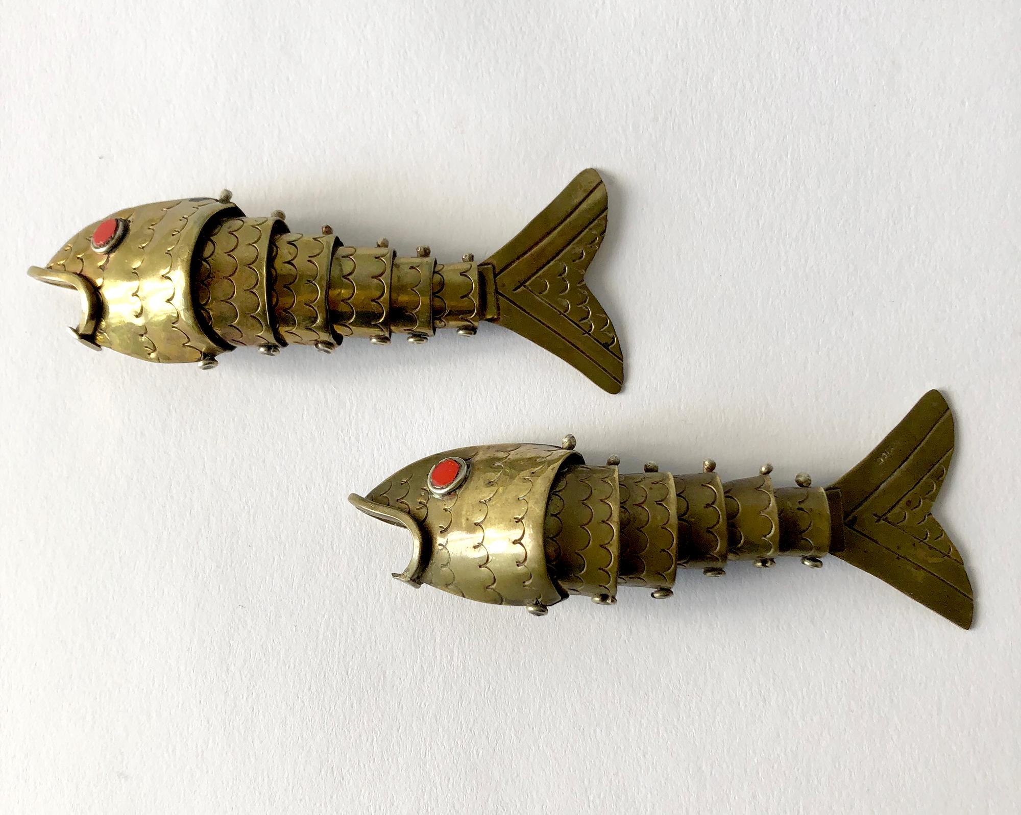 Mid-Century Modern Pair of Mexican Modern Brass and Coral Articulated Fish Sculpture