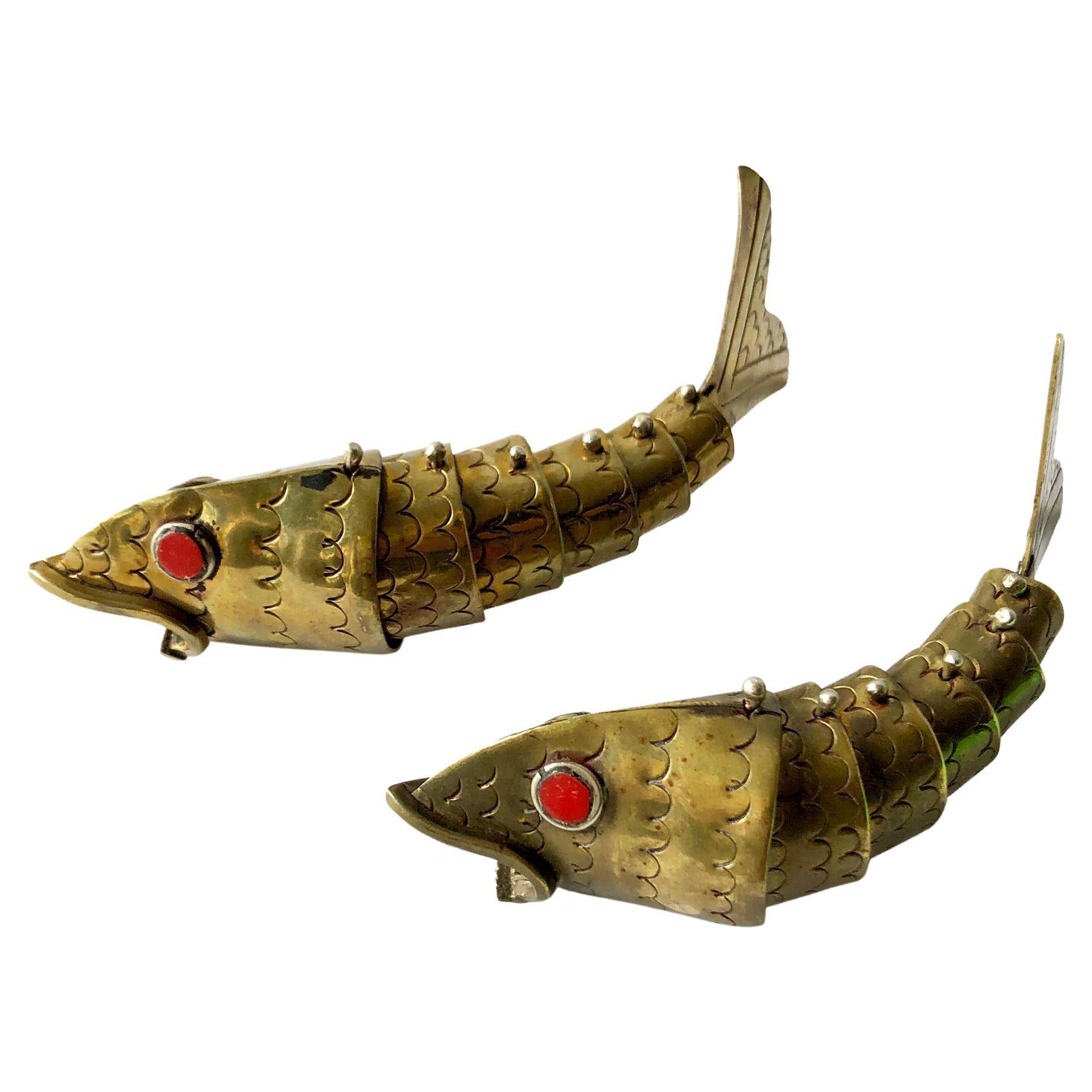 Pair of Mexican Modern Brass and Coral Articulated Fish Sculpture
