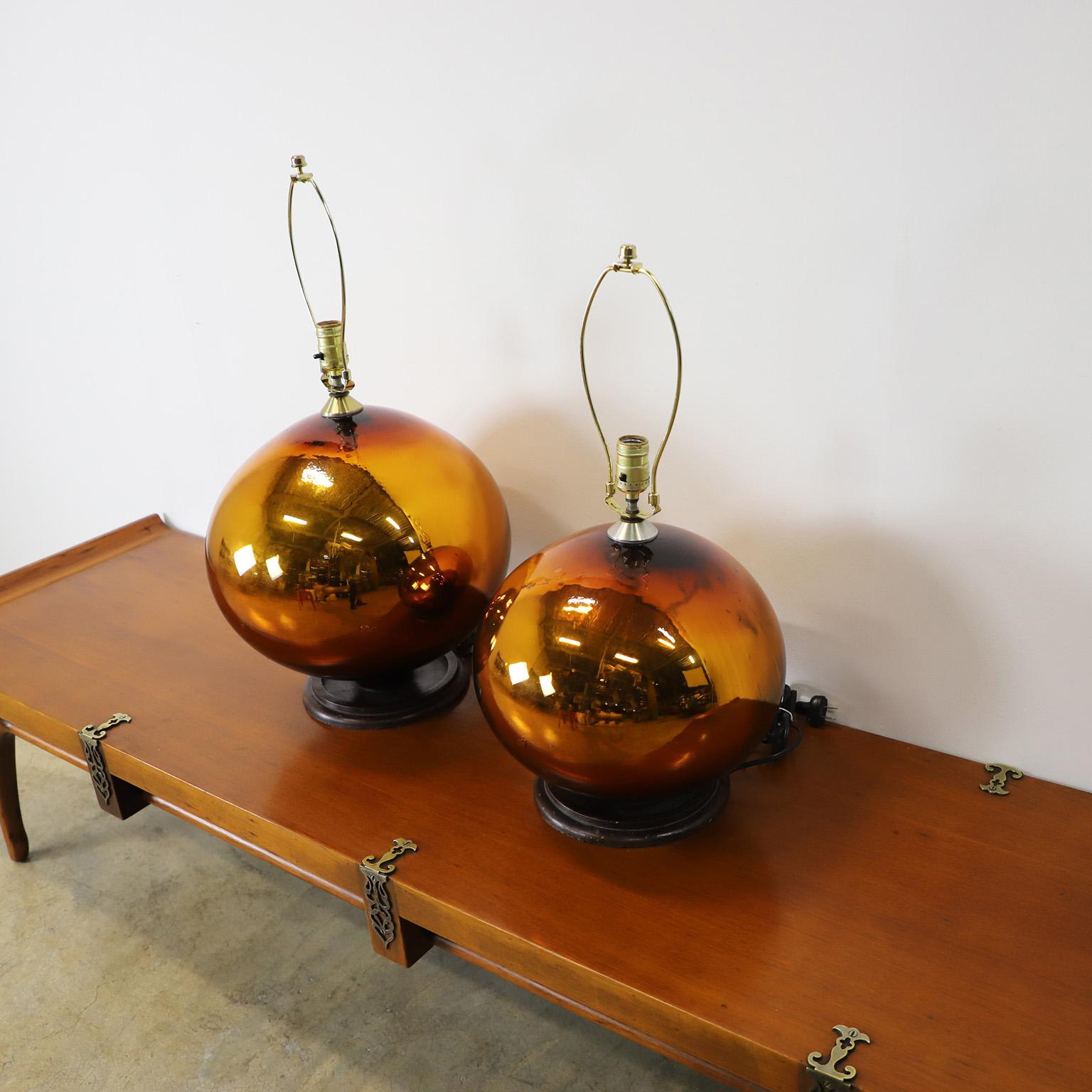 Circa 1950, Made in Mexico we offer this Pair Big Size mercury glass table lamps totally handmade.
Big lamp:
Height: 69 cm
Diameter: 40 cm
Small lamp:
Height: 62 cm
Diameter: 34 cm

The lamps not includes the shades for best shipping costs.