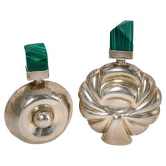 Pair of Mexican Pure Silver & Malachite Mid Century Perfume Scent Bottles 