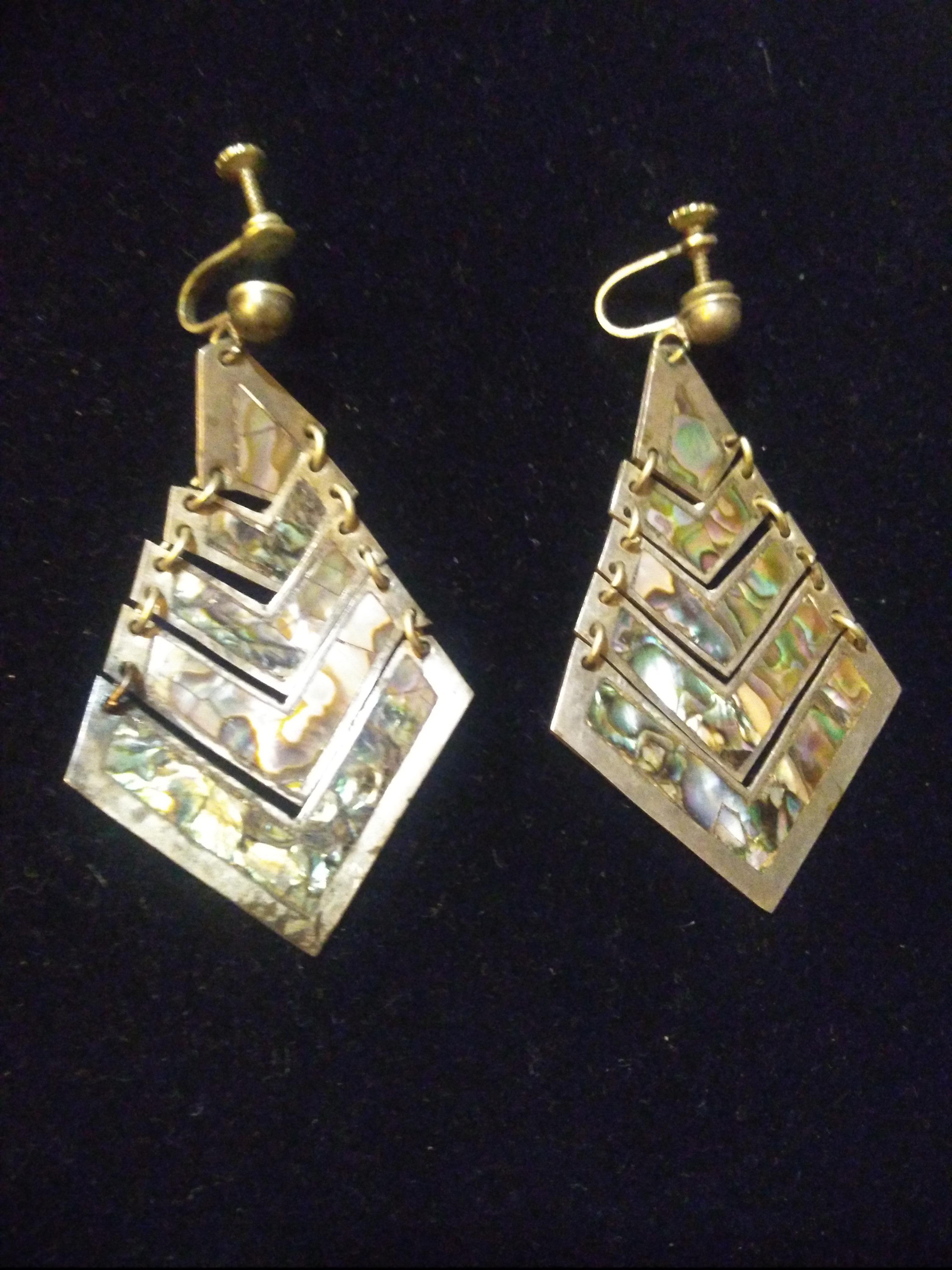 Par de Pendientes Pirámide TFV de Plata Mexicana con Detalles de Abulón en Bueno Estado en Pasadena, TX