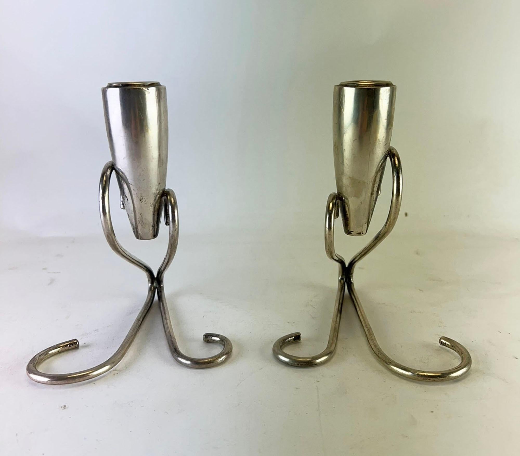 Mid-Century Modern Pair of Mexican Sterling Silver Candle Sticks in the Manner of Georg Jensen For Sale