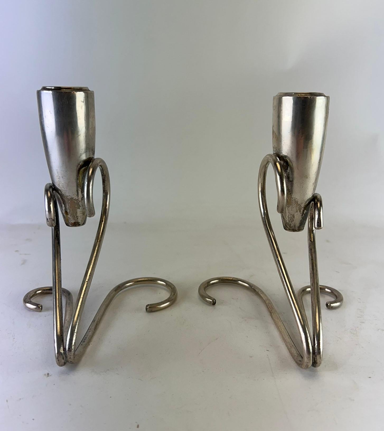 Pair of Mexican Sterling Silver Candle Sticks in the Manner of Georg Jensen In Good Condition For Sale In Peabody, MA