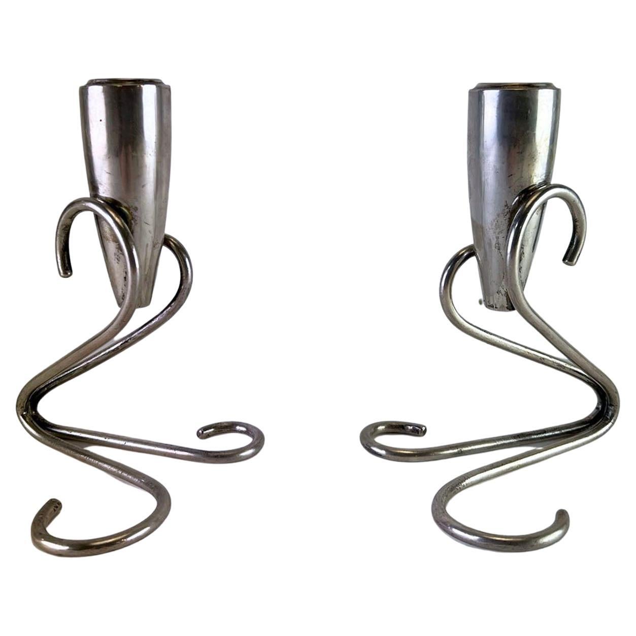 Pair of Mexican Sterling Silver Candle Sticks in the Manner of Georg Jensen For Sale