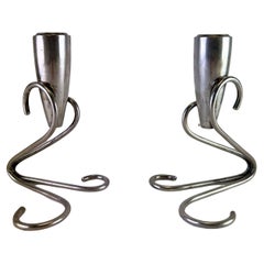 Retro Pair of Mexican Sterling Silver Candle Sticks in the Manner of Georg Jensen