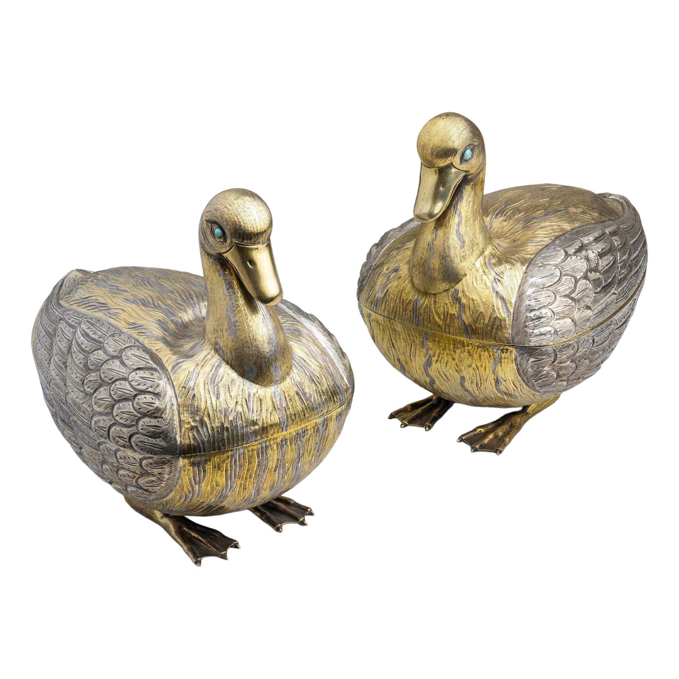 Pair of Mexican, Sterling Silver, Duck Containers by Tane For Sale
