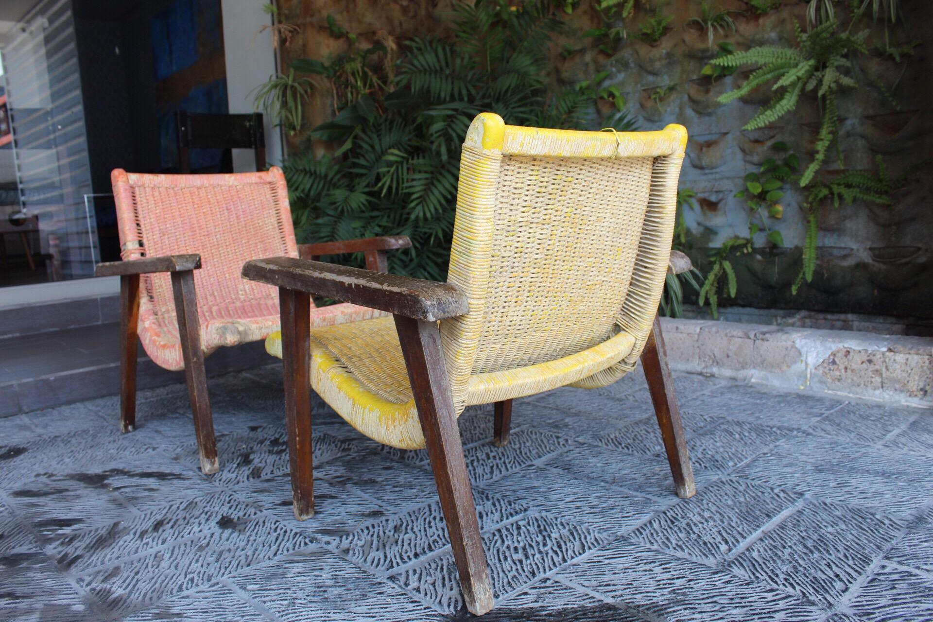 Pair of Mexican Wood and Cane Armchairs, 1950s 4