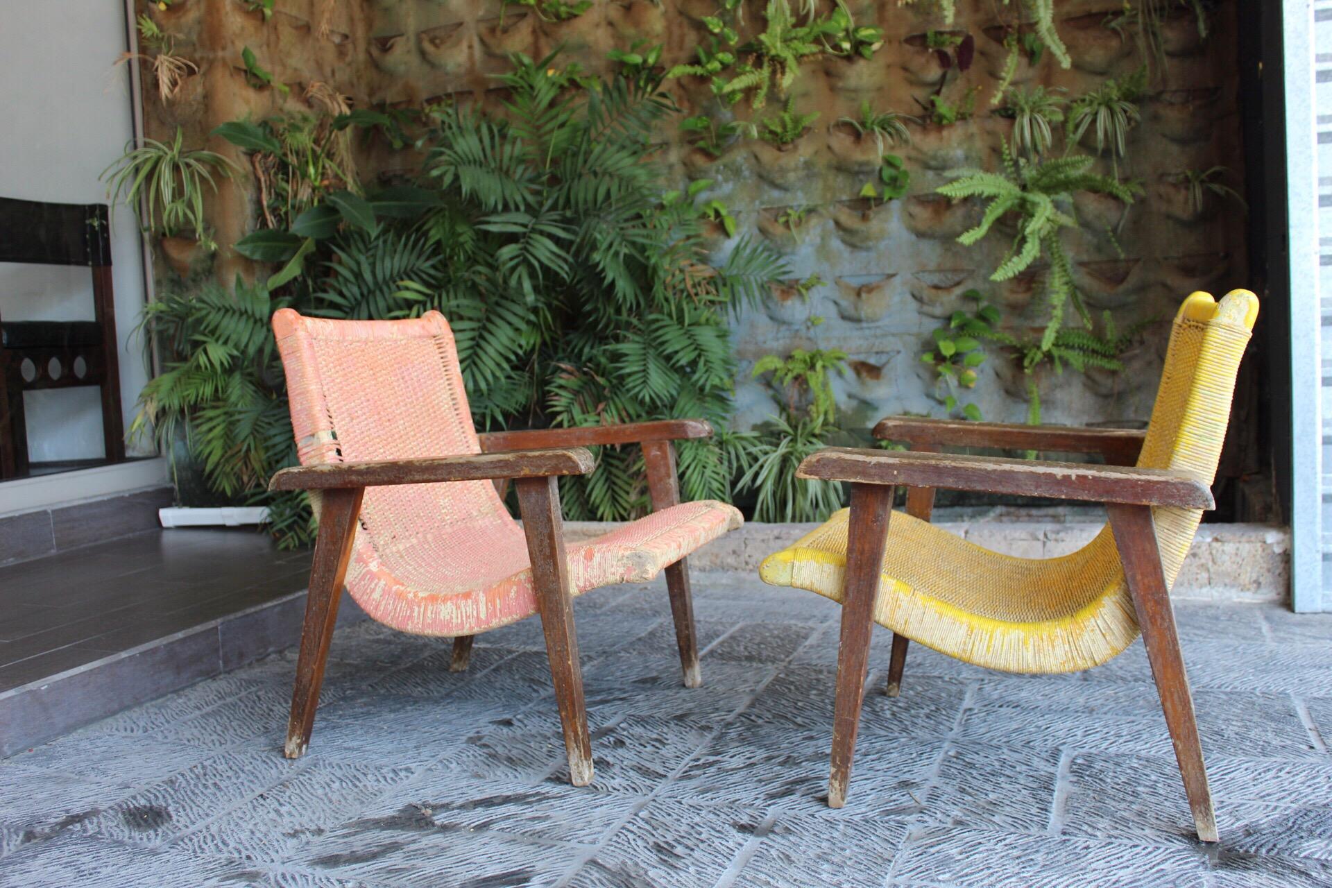 Hand-Crafted Pair of Mexican Wood and Cane Armchairs, 1950s