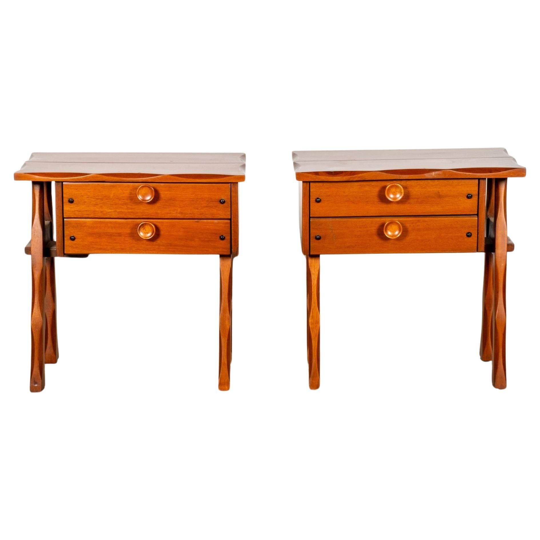Pair of Mexican Wood Nightstands with Carved Legs