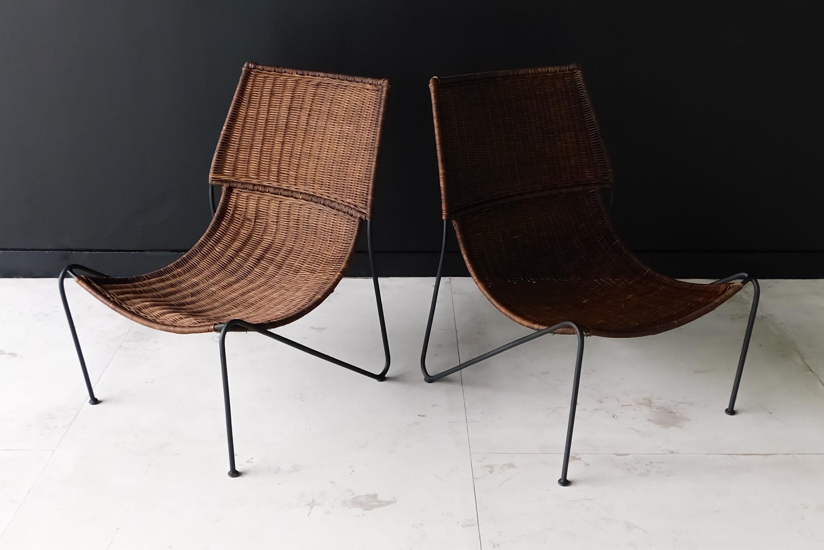 Pair of iron and woven cane Mexican modern chairs, 1960.