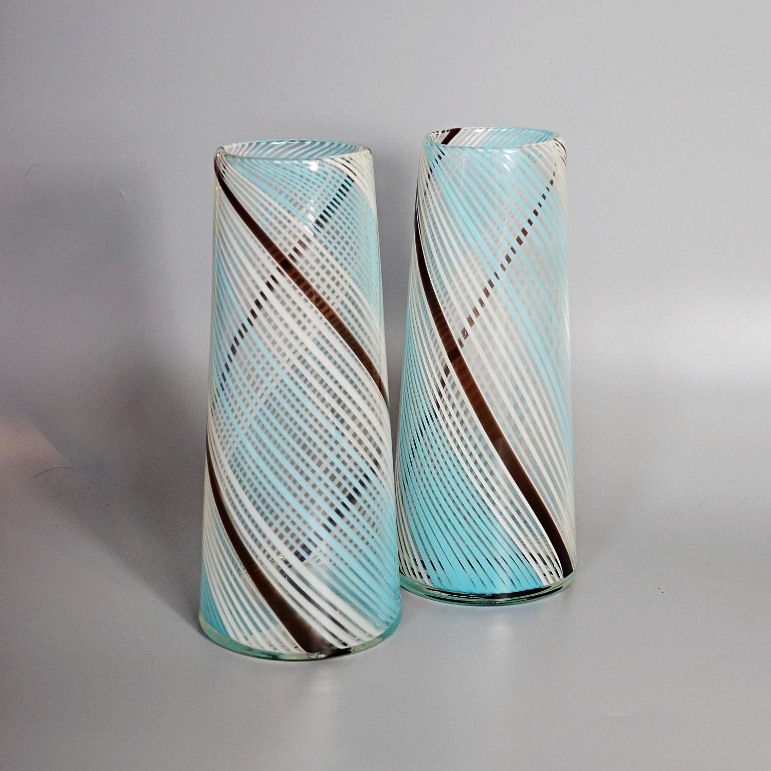 Italian Pair of Mezza Filigrana Murano Glass Vases, circa 1950