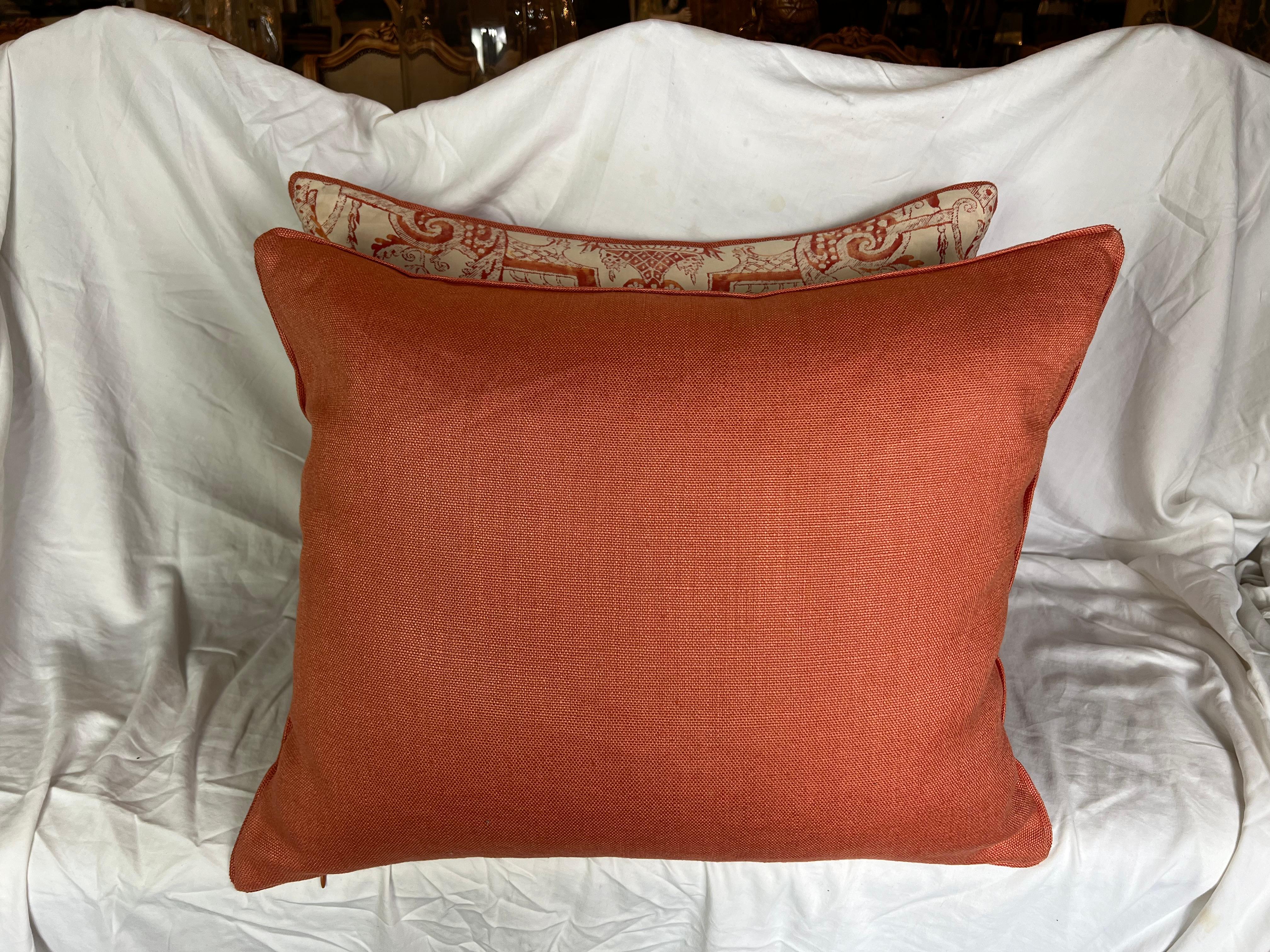 Pair of Mezzianno Patterned Fortuny Pillows w/ Linen Backs For Sale 1