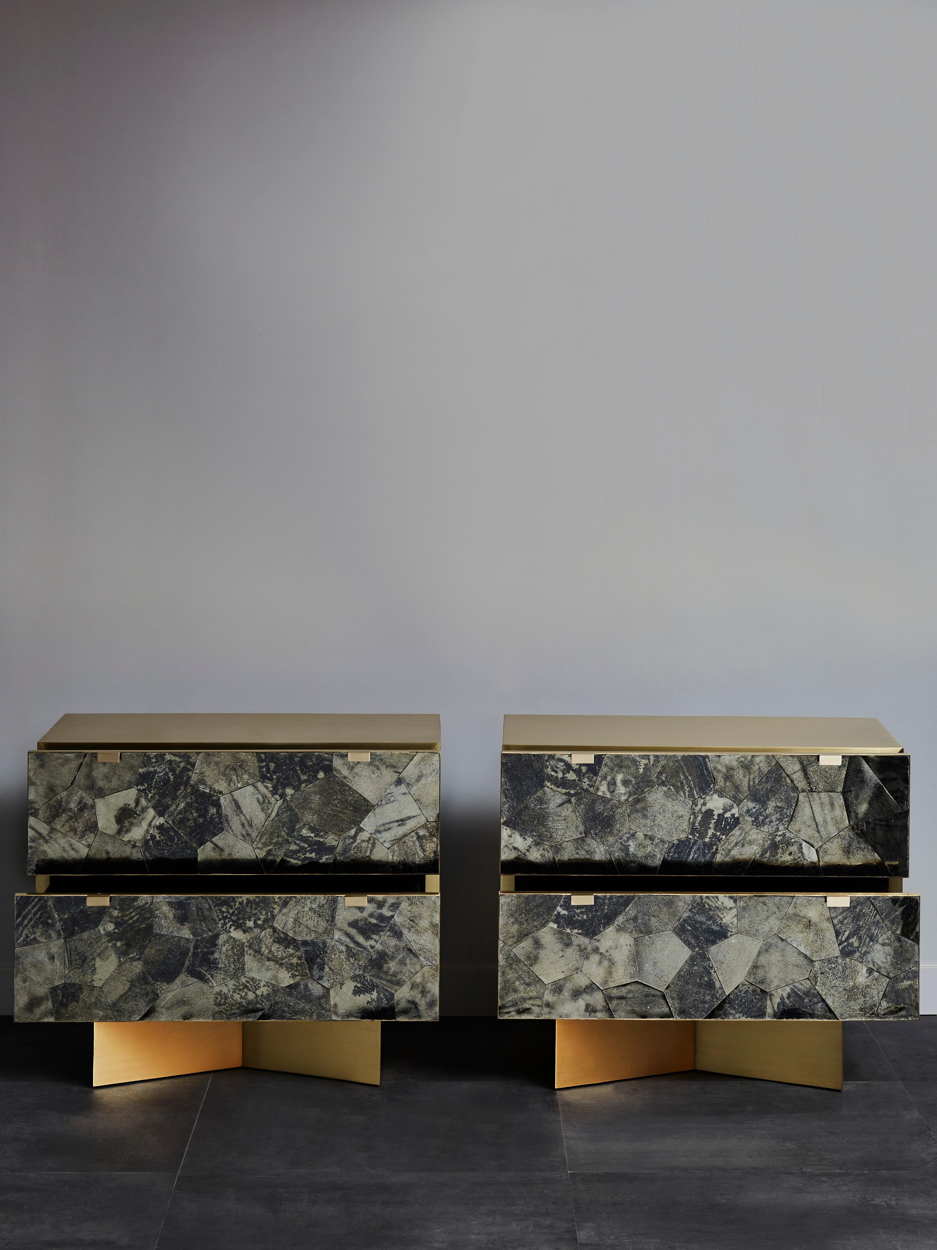 Exceptional pair of nightstands in brass with 2 drawers covered with mica stone.
France, 2017.
 