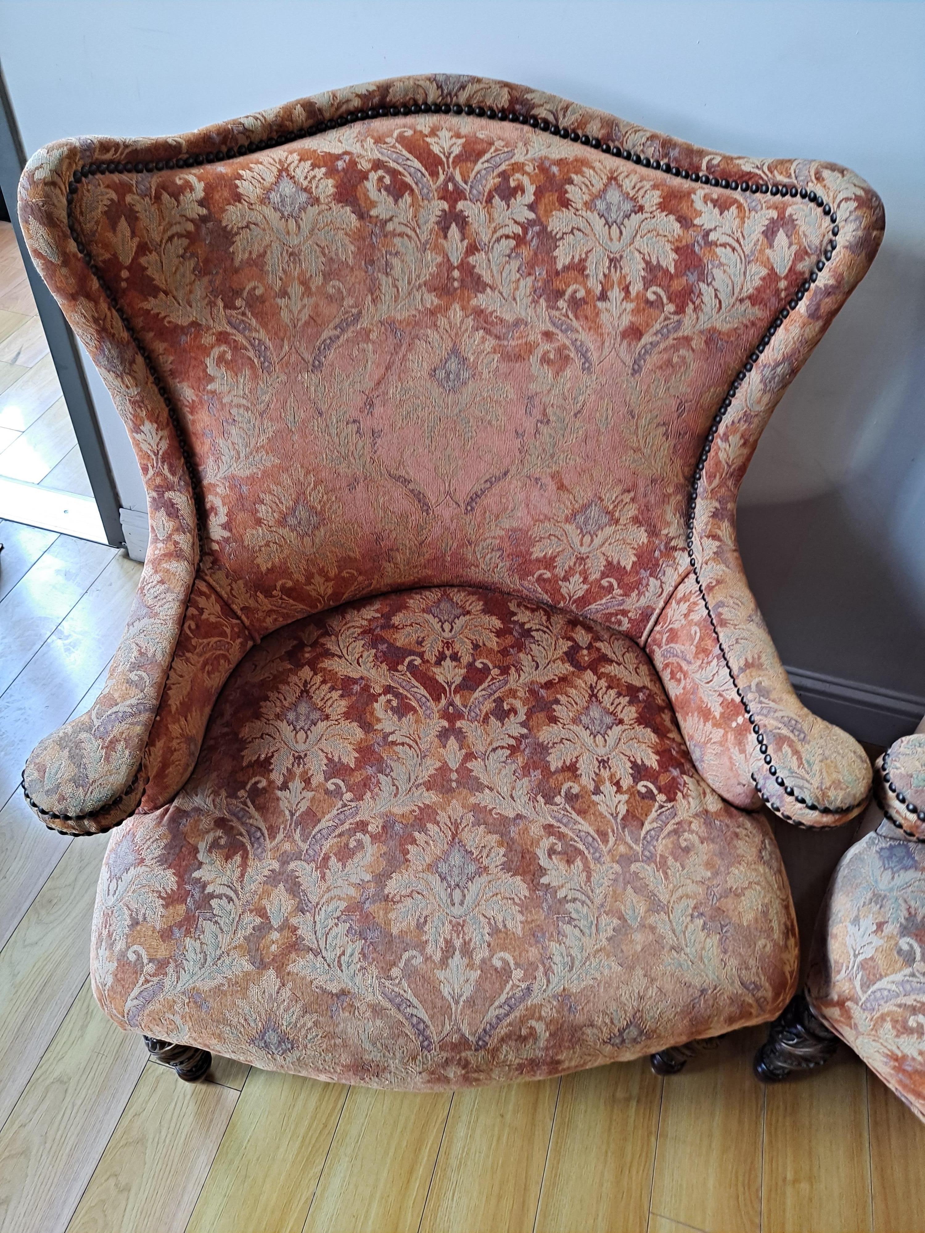 Pair of Michael Amini Wing-Back Armchairs w/Damask Pattern Upholstery

Turned wood legs and attractive nailhead trim 

33.5
