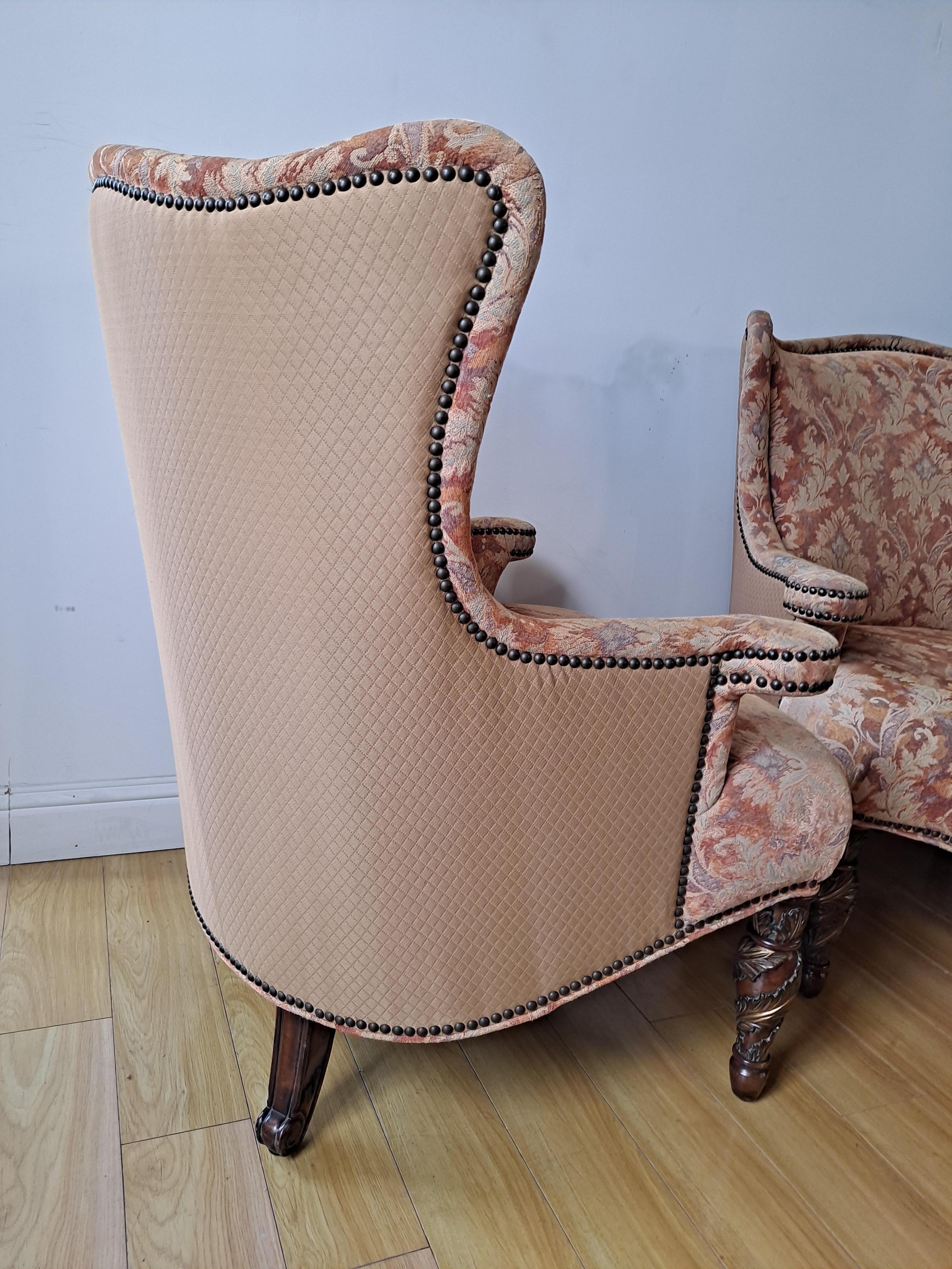Pair of Michael Amini Wing-Back Armchairs w/Damask Pattern Upholstery In Excellent Condition For Sale In San Francisco, CA