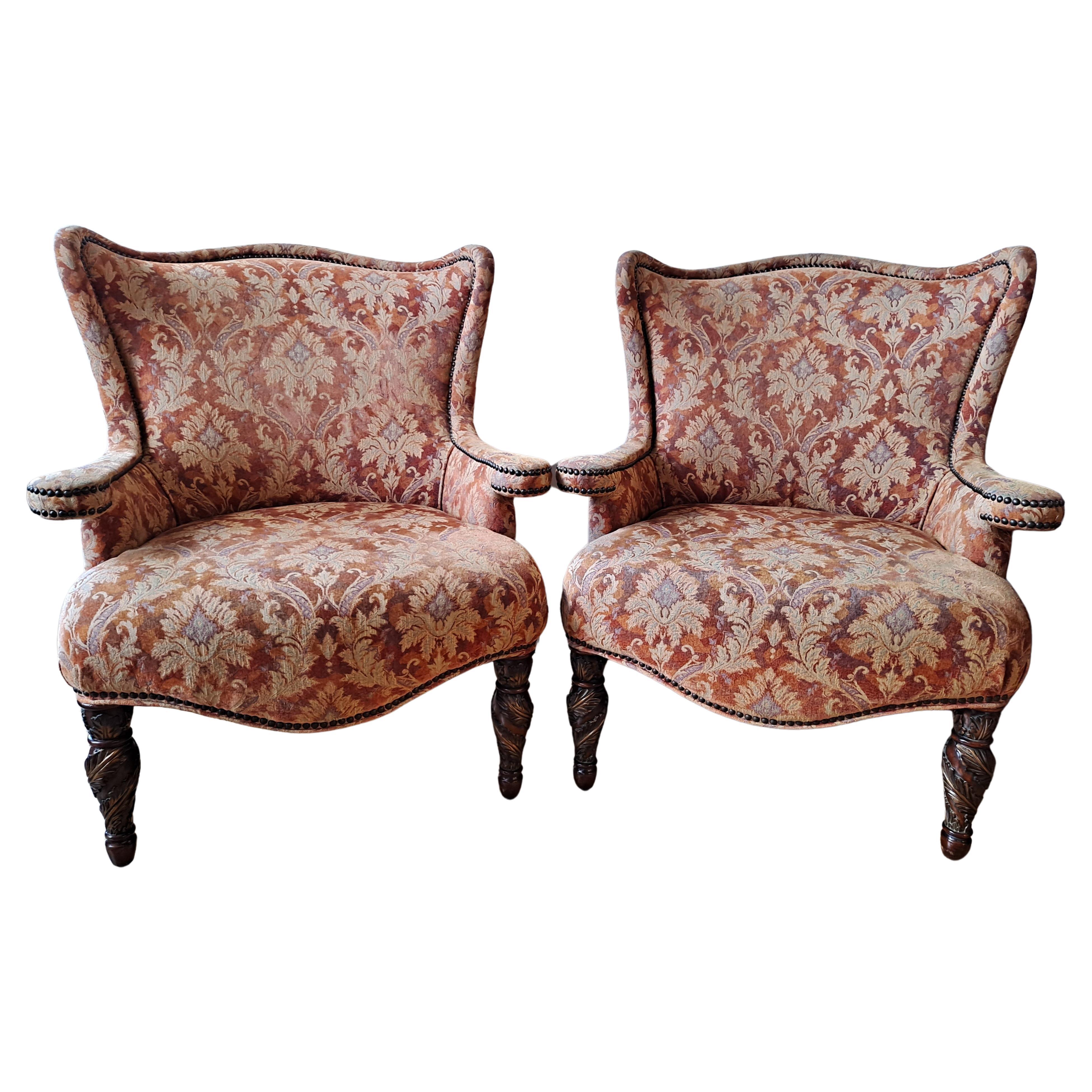 Pair of Michael Amini Wing-Back Armchairs w/Damask Pattern Upholstery For Sale