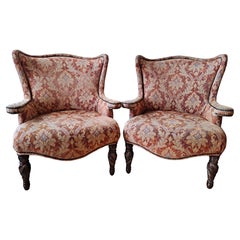 Pair of Michael Amini Wing-Back Armchairs w/Damask Pattern Upholstery