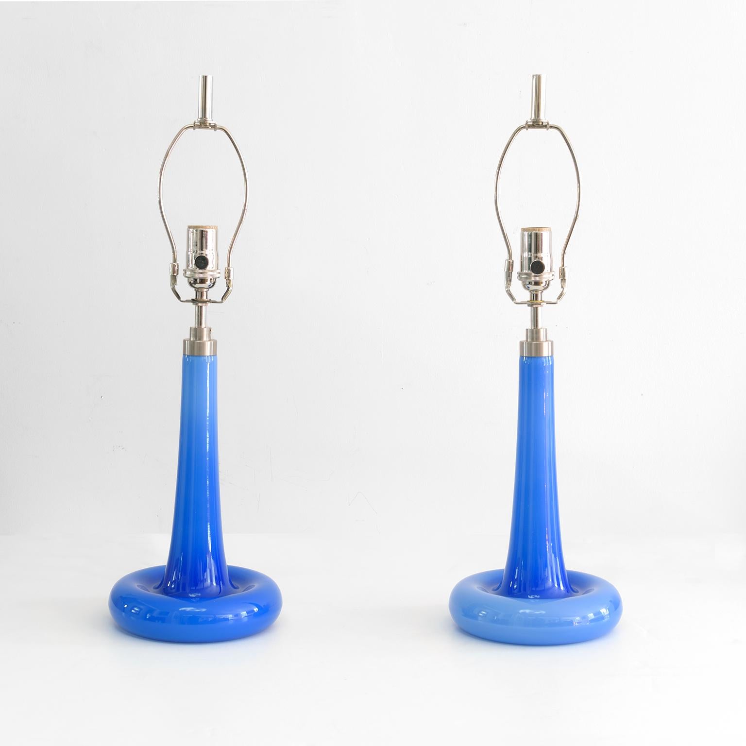 Scandinavian Modern Pair of Michael Bang Blue Glass Lamps Designed for Holmegaard, Denmark