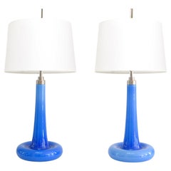 Pair of Michael Bang Blue Glass Lamps Designed for Holmegaard, Denmark