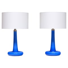 Pair of Michael Bang Blue Glass Table Lamps, Holmegaard, Denmark, 1970s
