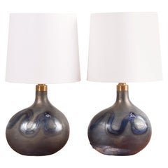 Pair of Michael Bang for Holmegaard Dark Blue Sculptural Glass Table Lamps 1970s
