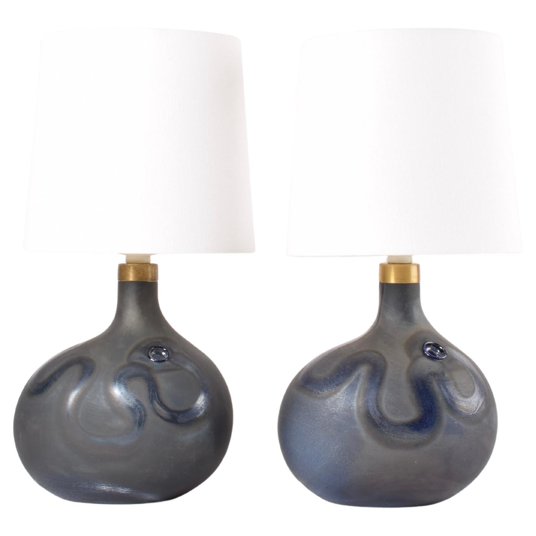 Pair of Michael Bang Holmegaard Lamp Art Sculptural Glass Table Lamps Blue 1970s