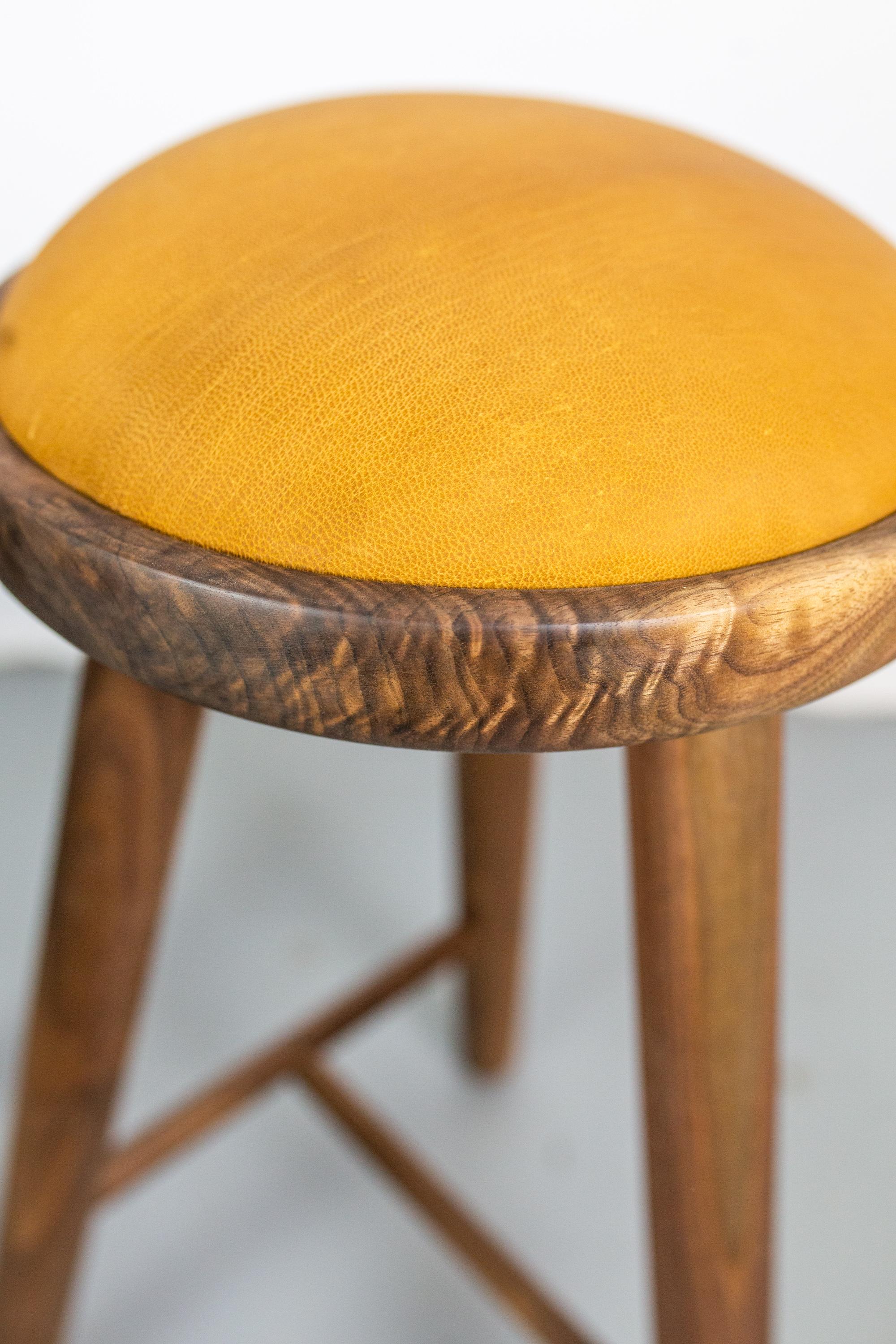 Pair of Michael Rozell Studio bar stools figured walnut and leather USA 2020.
We can make these in custom material and sizes so as quantity.