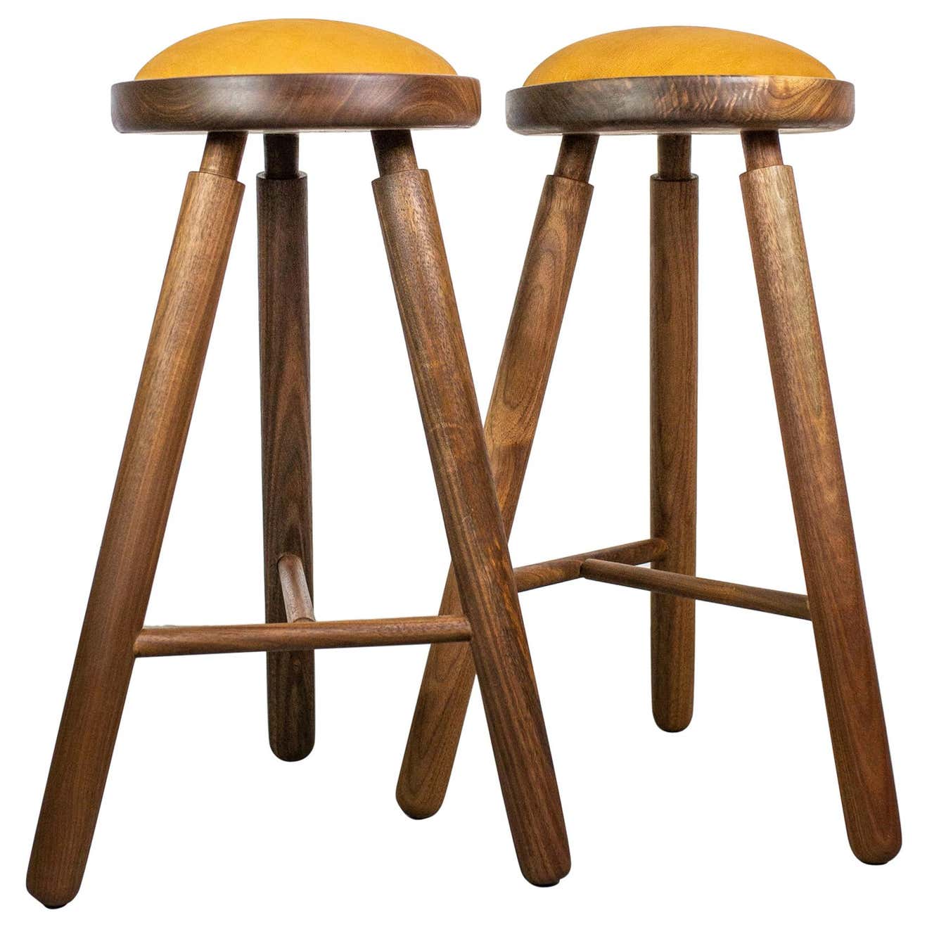 Pair of Michael Rozell Studio Bar Stools Figured Walnut and Leather USA ...