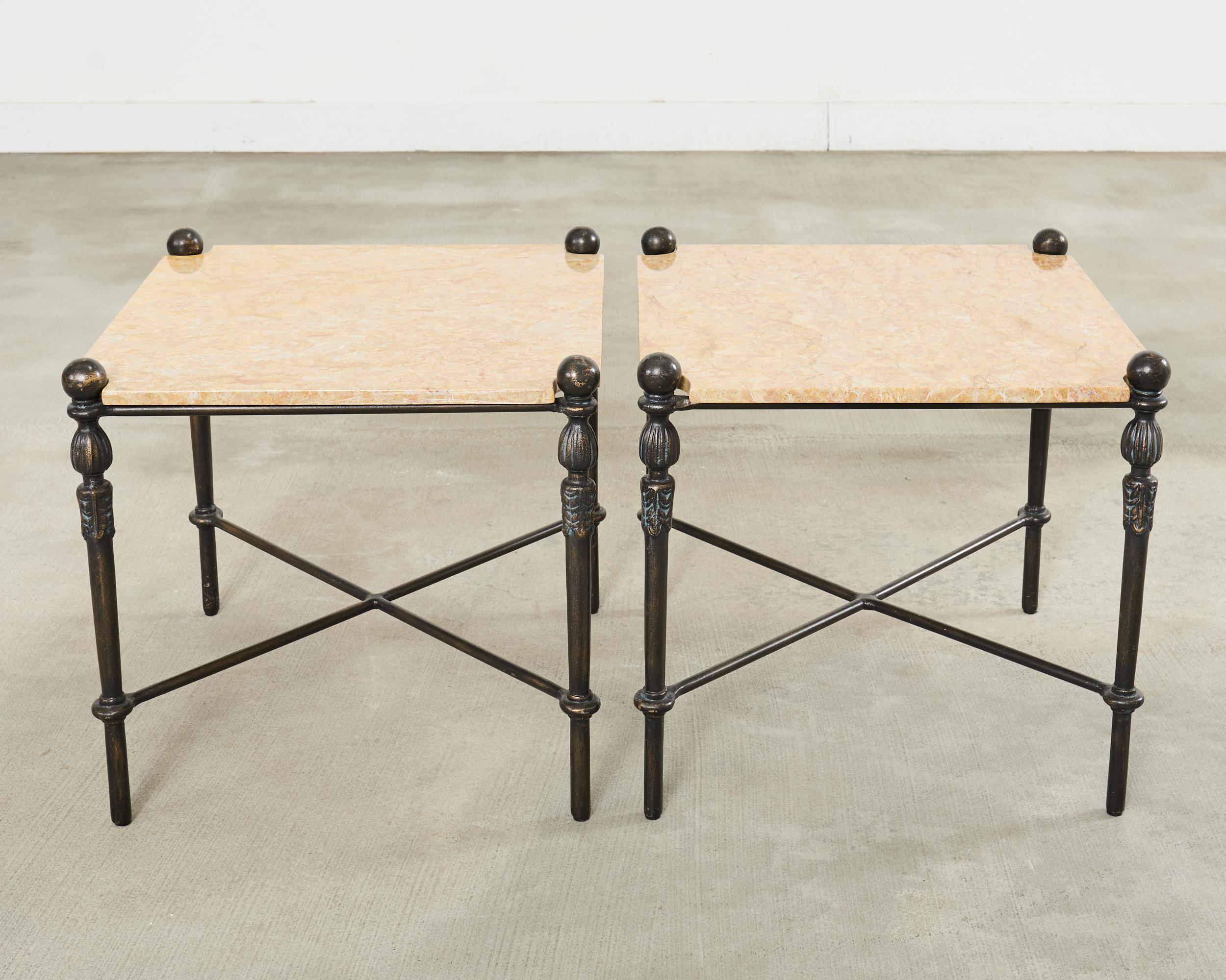 Pair of Michael Taylor Bronzed Montecito Marble Top Tables For Sale 11