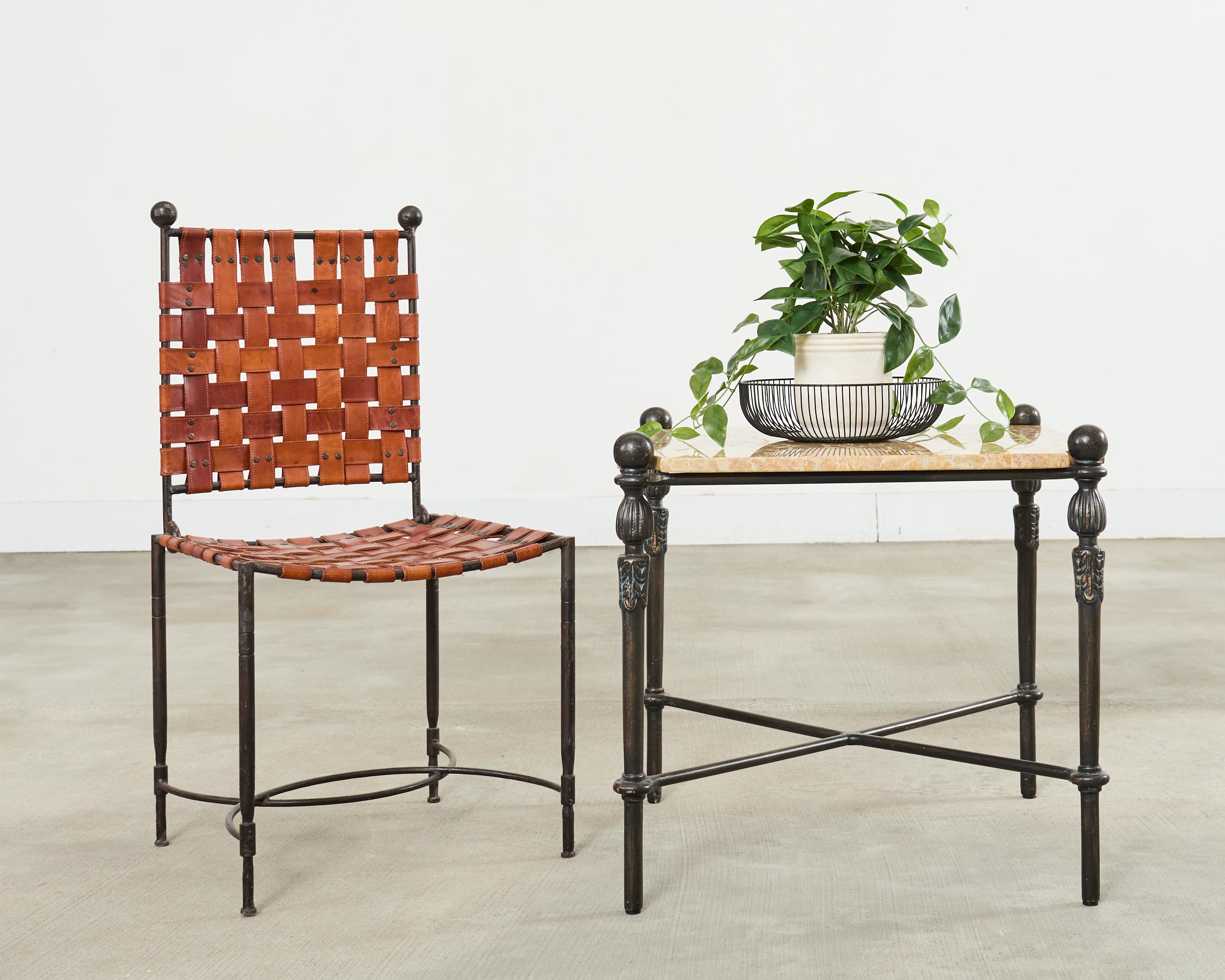Stunning pair of patio and garden bronzed aluminum drink or side tables designed by Michael Taylor. The tables feature a cast aluminum construction with a dramatic aged bronzed finish. The square frame has straight legs decorated with neoclassical