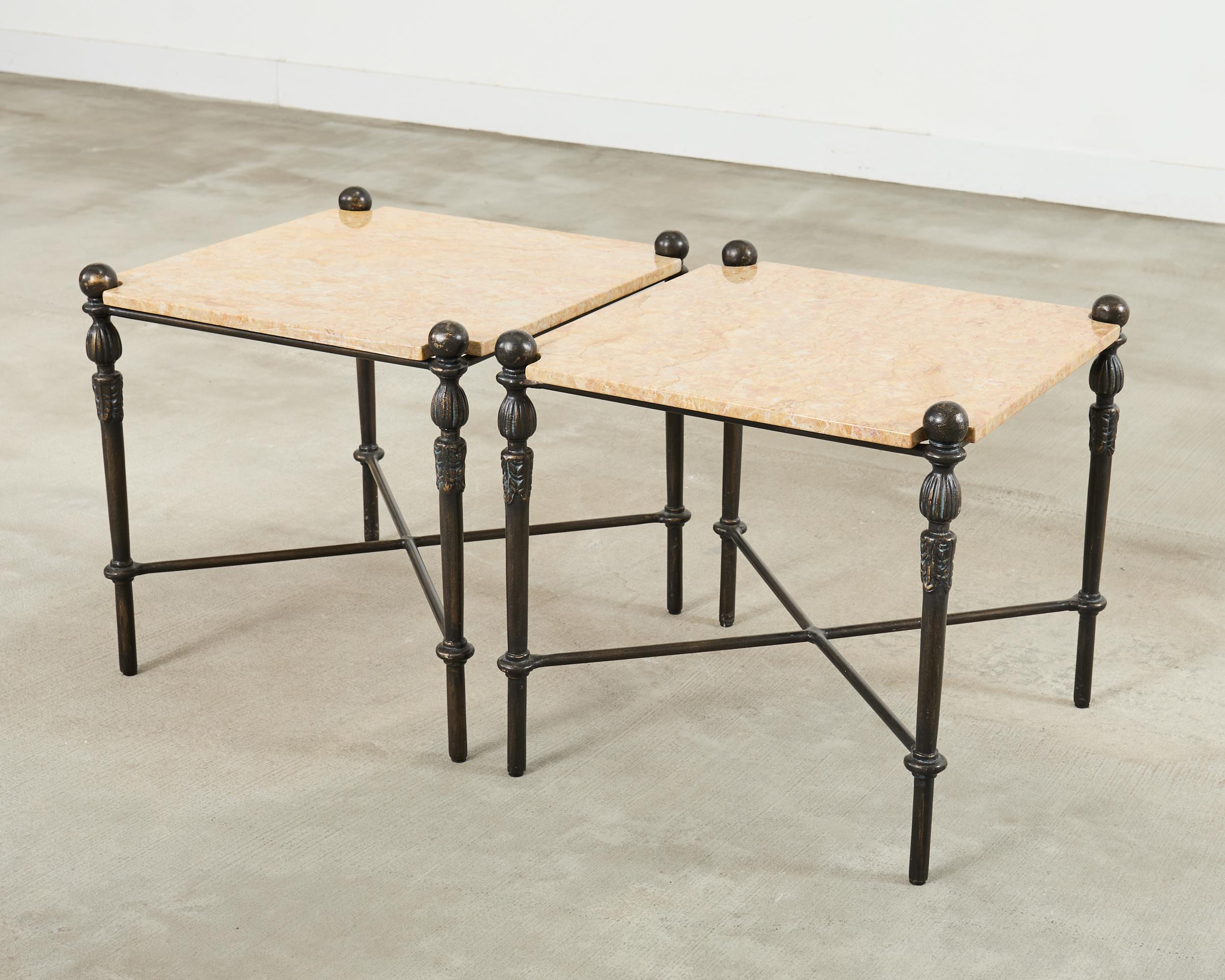 Pair of Michael Taylor Bronzed Montecito Marble Top Tables For Sale 13