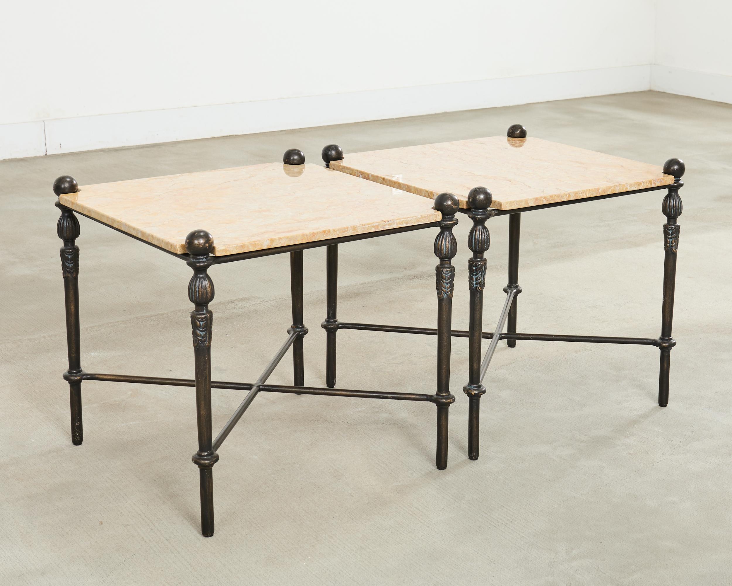 Neoclassical Pair of Michael Taylor Bronzed Montecito Marble Top Tables For Sale