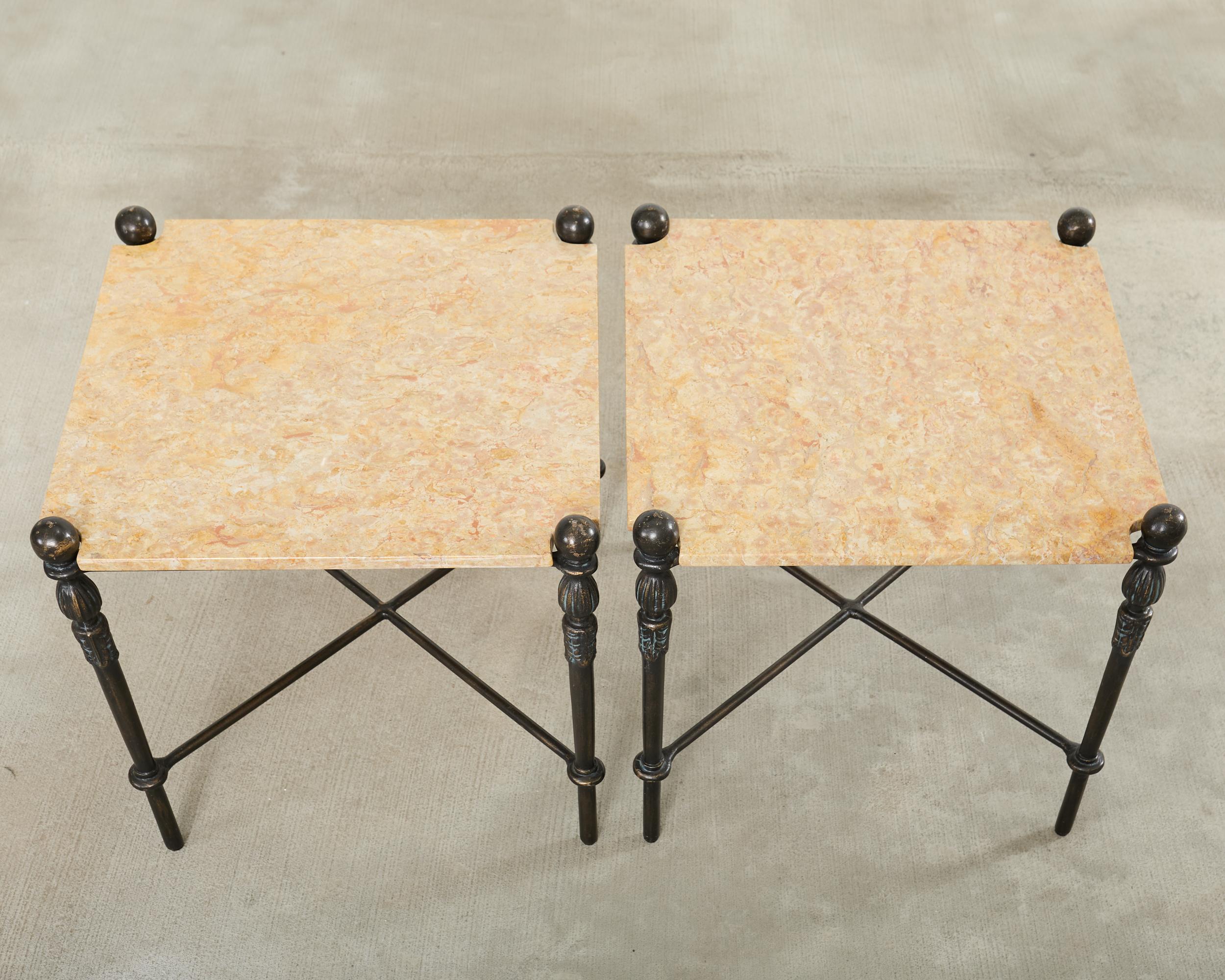 American Pair of Michael Taylor Bronzed Montecito Marble Top Tables For Sale