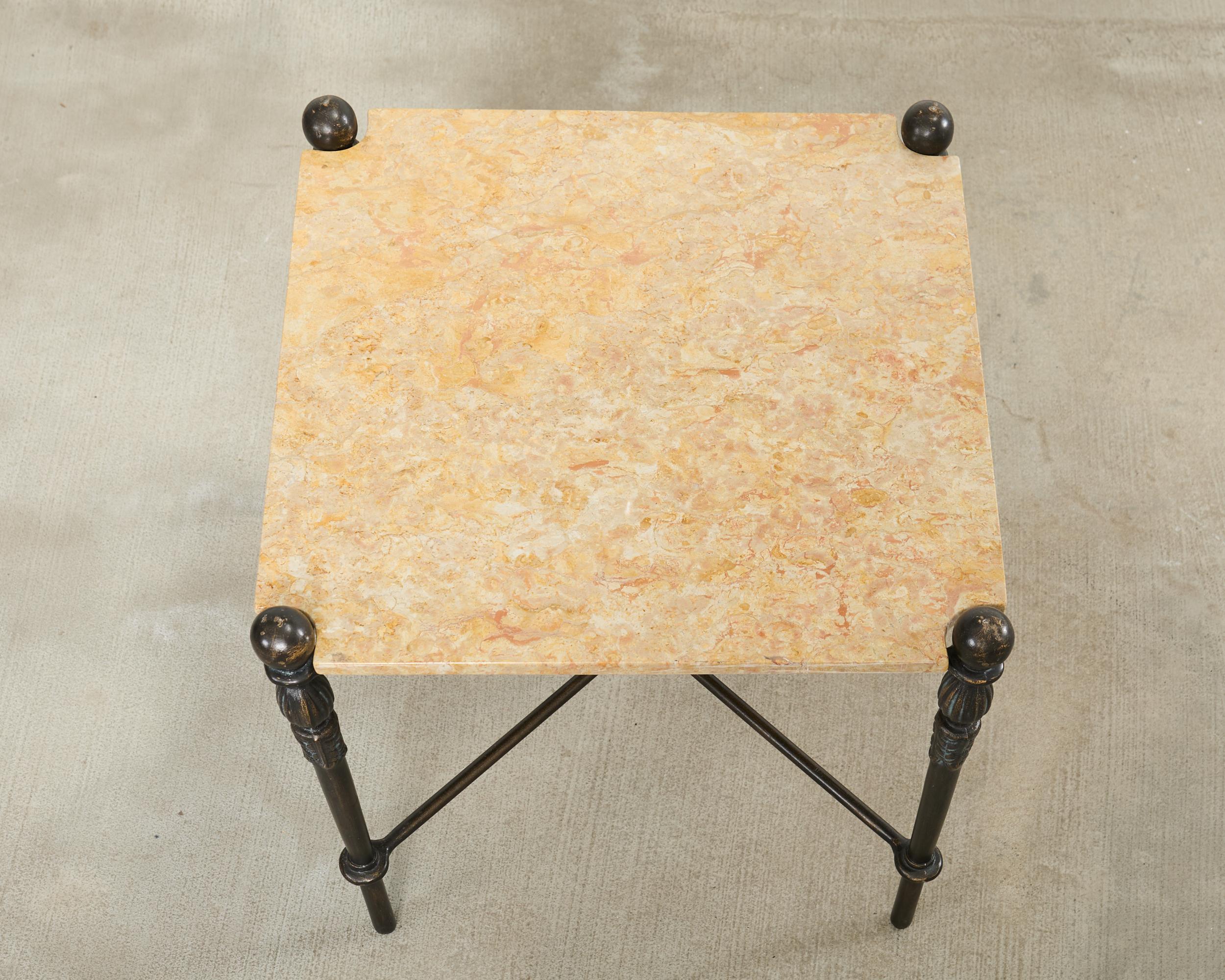 Aluminum Pair of Michael Taylor Bronzed Montecito Marble Top Tables For Sale