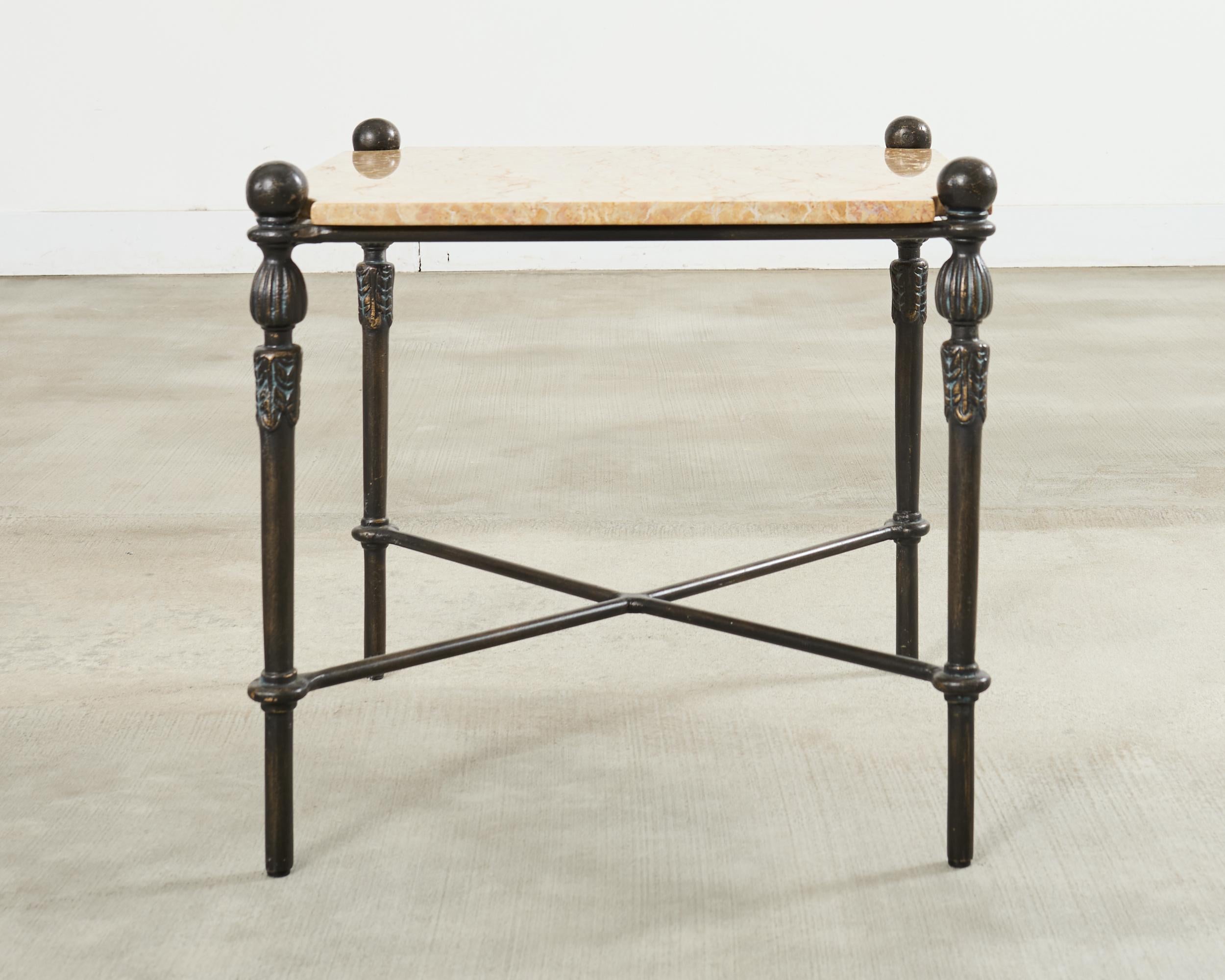 Pair of Michael Taylor Bronzed Montecito Marble Top Tables For Sale 1