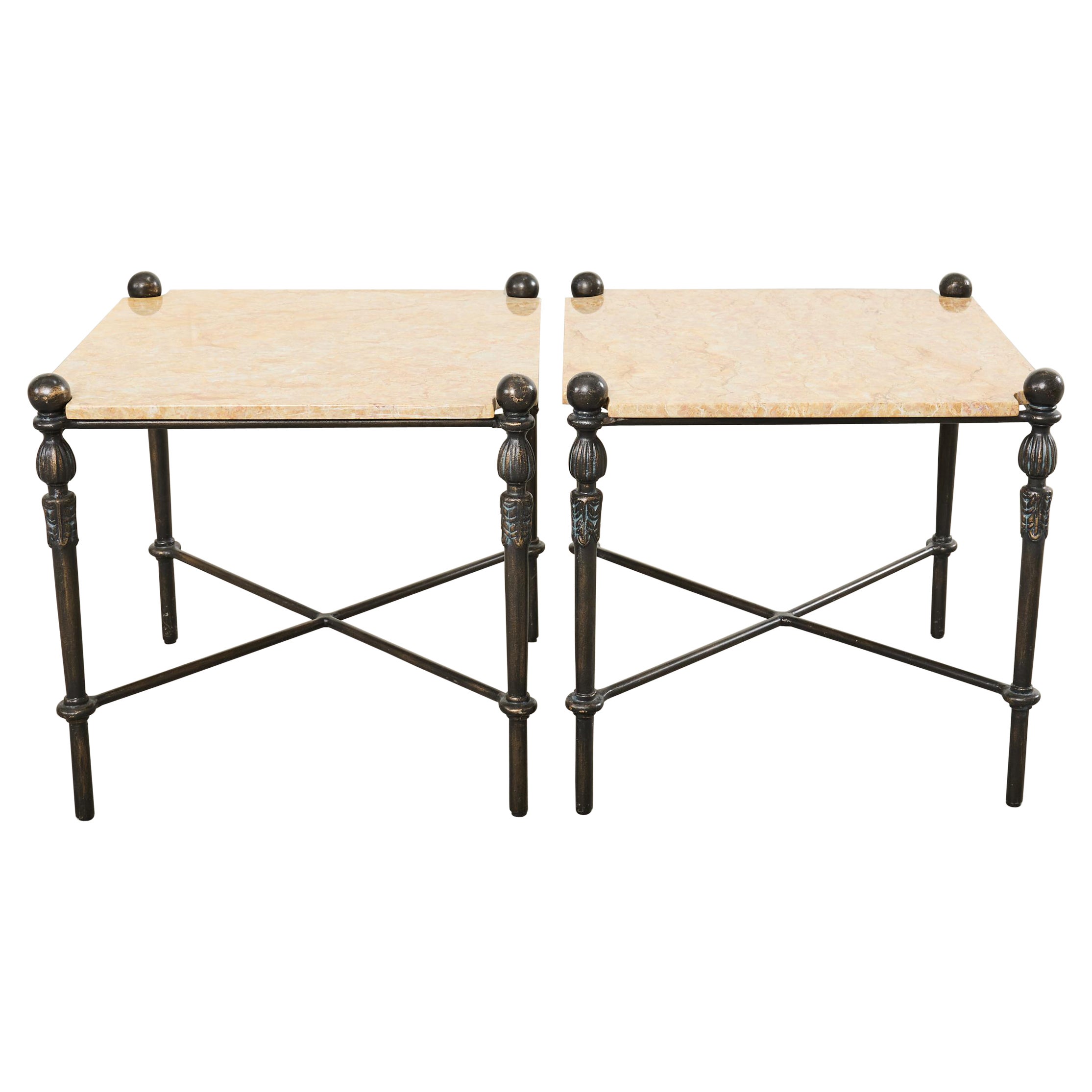 Pair of Michael Taylor Bronzed Montecito Marble Top Tables For Sale