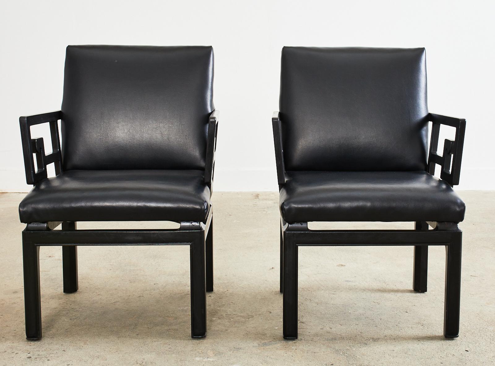 Mid-Century Modern Pair of Michael Taylor Far East Collection Greek Key Armchairs For Sale