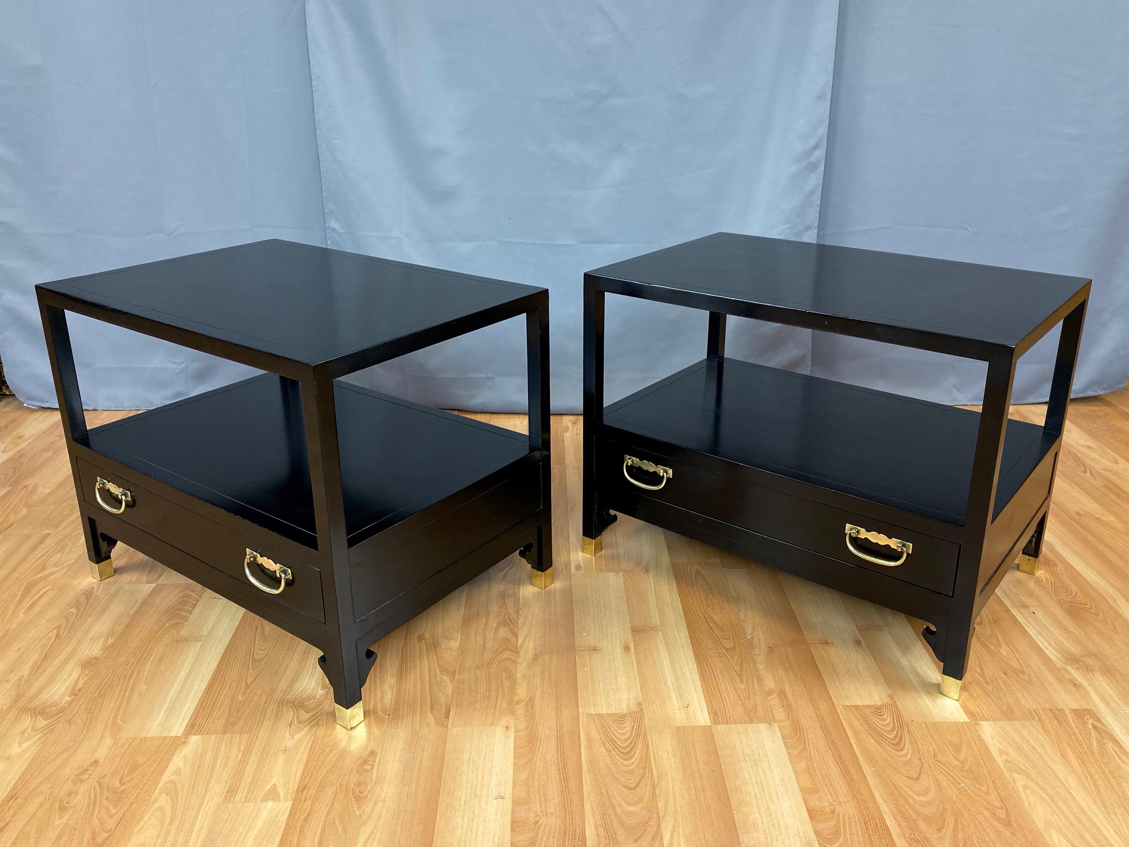 Hollywood Regency Pair of Michael Taylor for Baker Furniture Black Lacquered Side Tables, 1950s