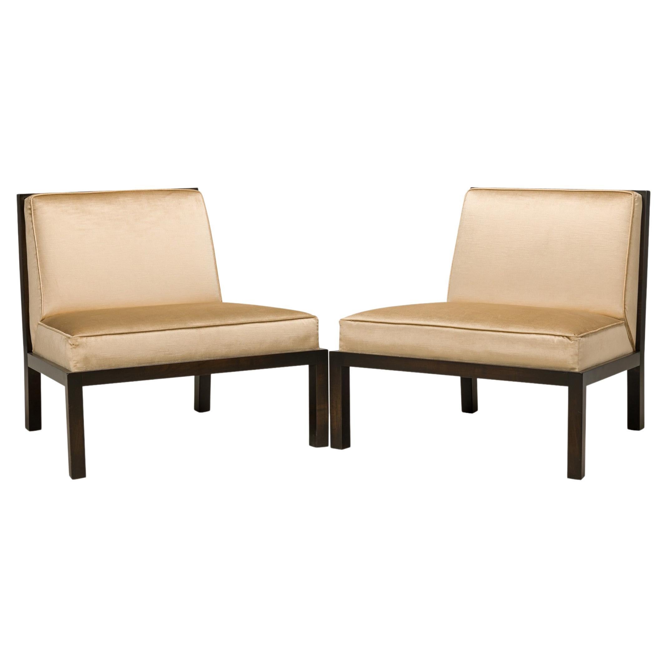 Pair of Michael Taylor for Baker Furniture Co. Champagne Satin Slipper Chairs For Sale