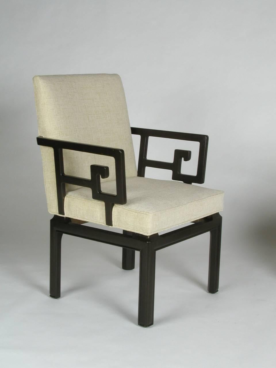 Stained Pair of Michael Taylor for Baker Greek Key Armchairs Far East Collection For Sale