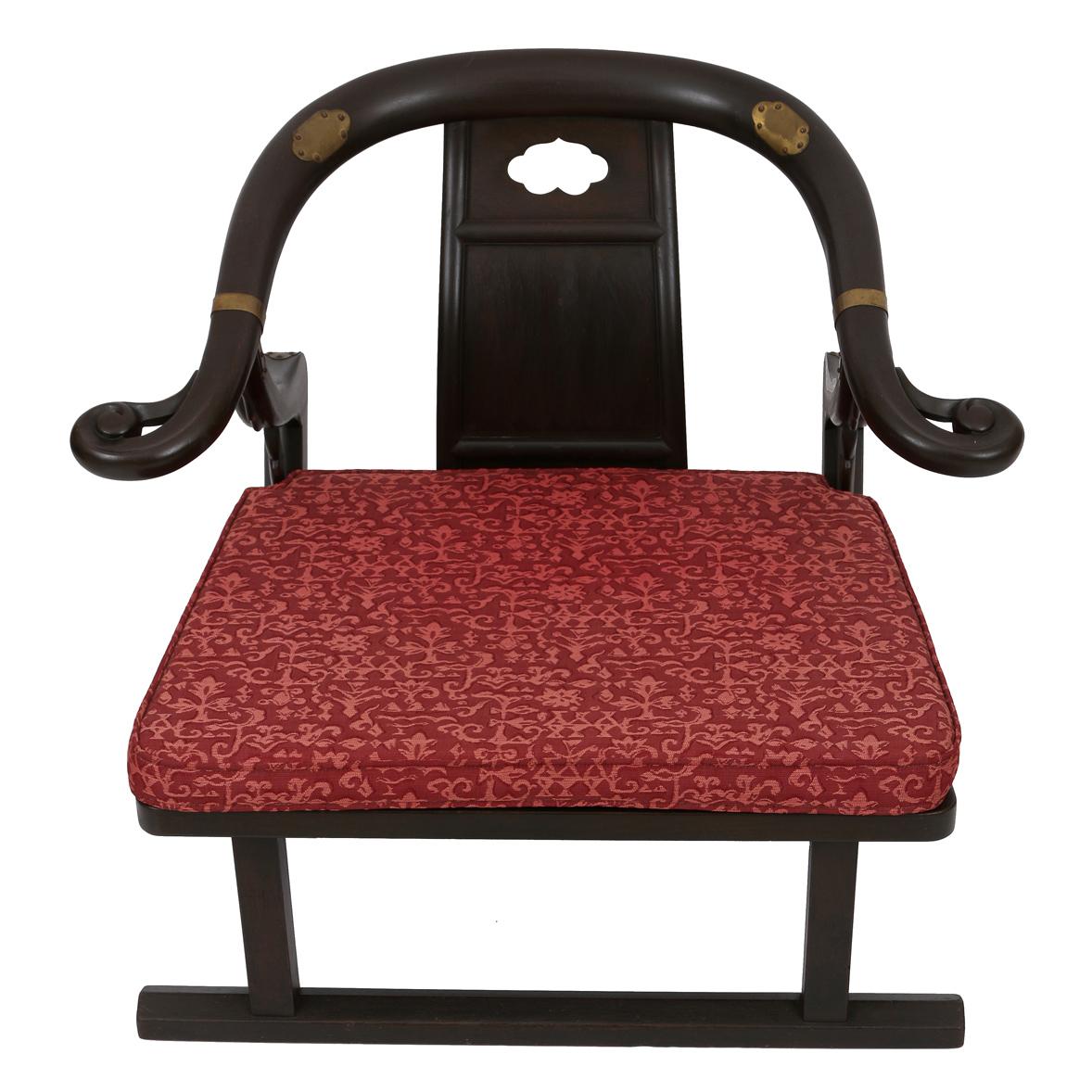 A gorgeous vintage Pair of Michael Taylor for Baker Horseshoe Asian Chairs in Ebonized Finish With Brass Fittings! Enjoy the fun of the classic chinoiserie style and upholstered burgundy cushion on this super chic pair of chairs.