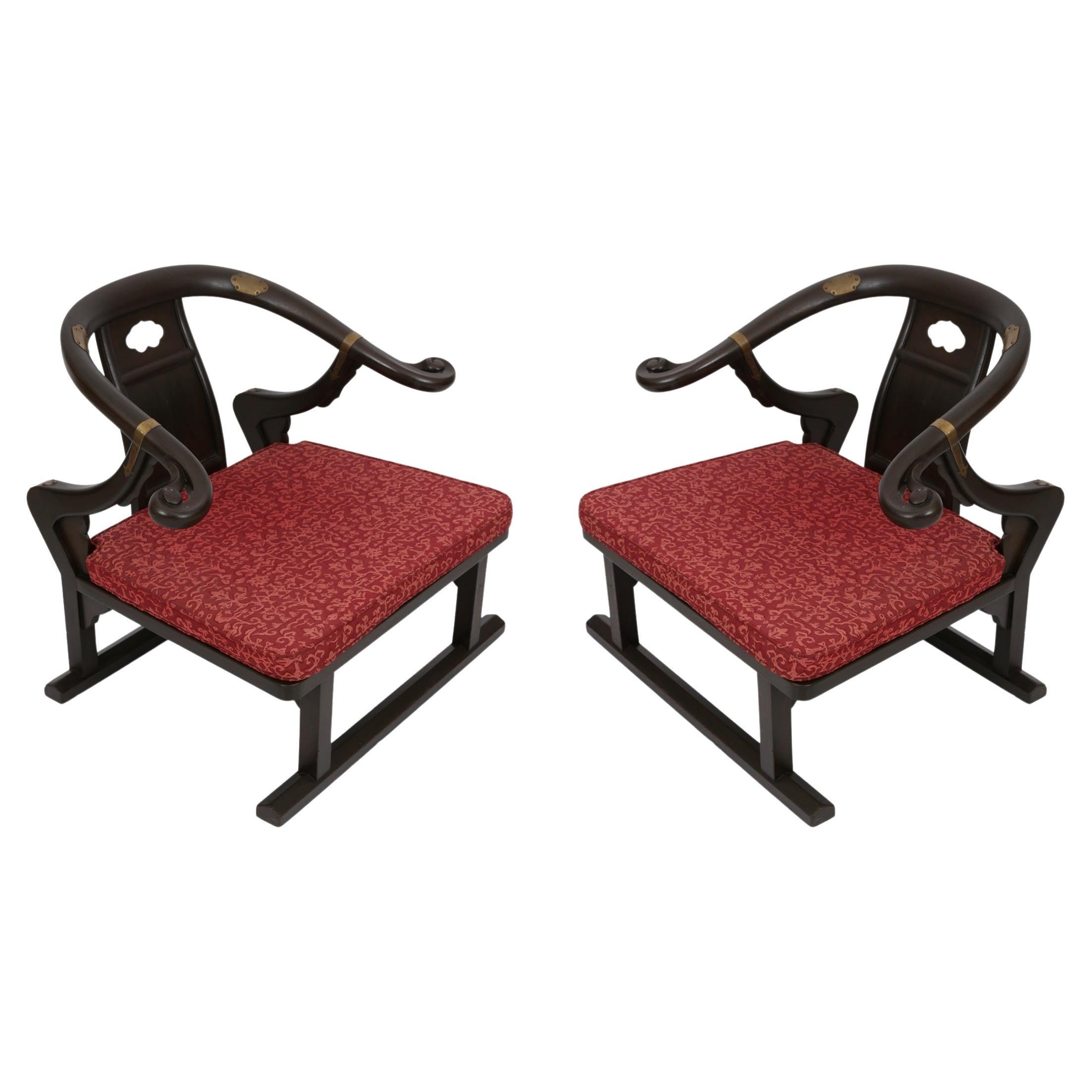 Pair of Michael Taylor for Baker Horseshoe Asian Chairs in Ebonized Finish