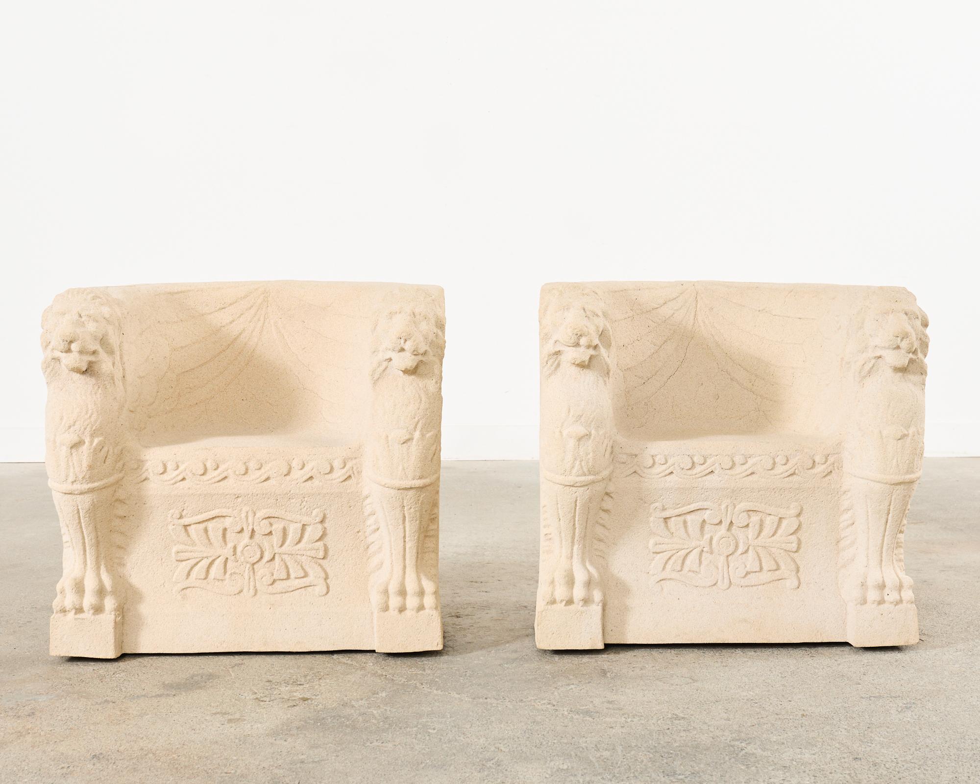 American Pair of Michael Taylor Neoclassical Garden Lion Head Chairs