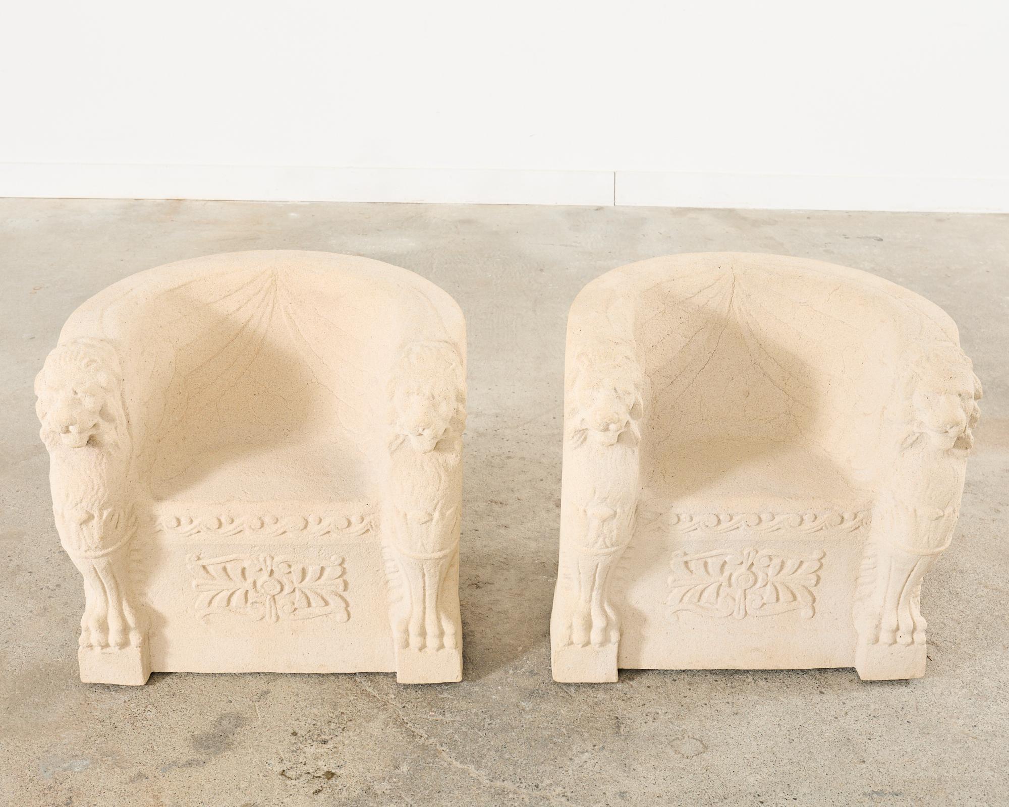 Metal Pair of Michael Taylor Neoclassical Garden Lion Head Chairs