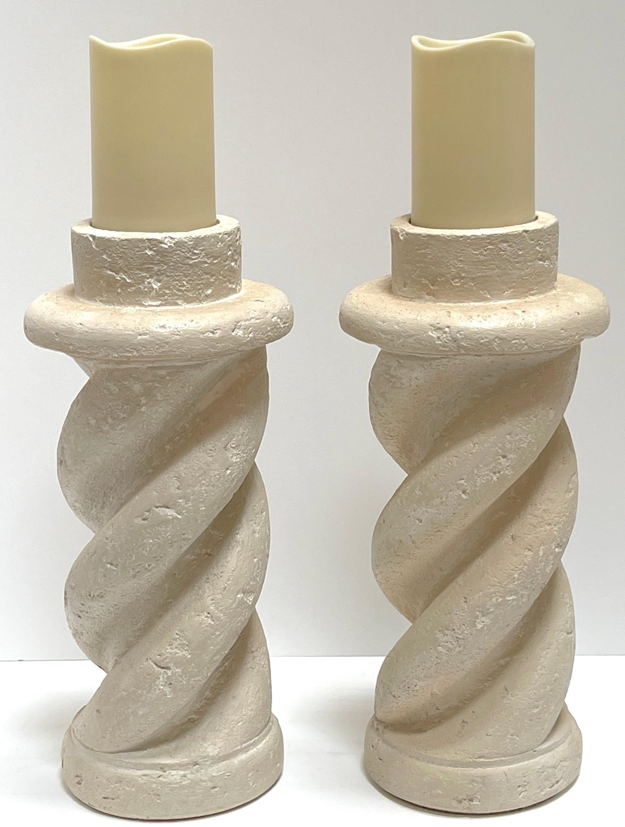 Mid-Century Modern Pair of Michael Taylor Style Cast Plaster 'Coquina Stone' Spiral Candlesticks  For Sale