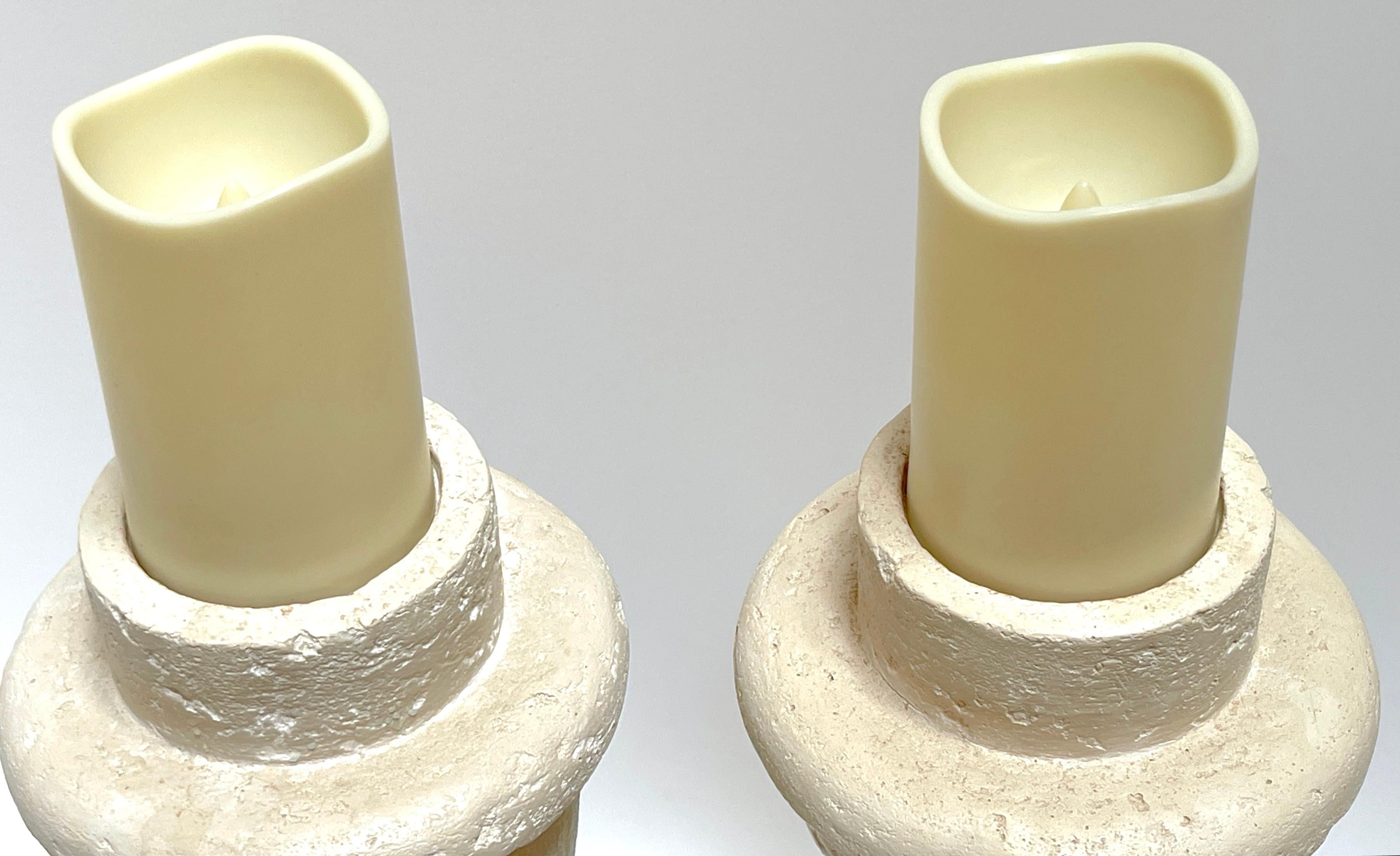 American Pair of Michael Taylor Style Cast Plaster 'Coquina Stone' Spiral Candlesticks  For Sale