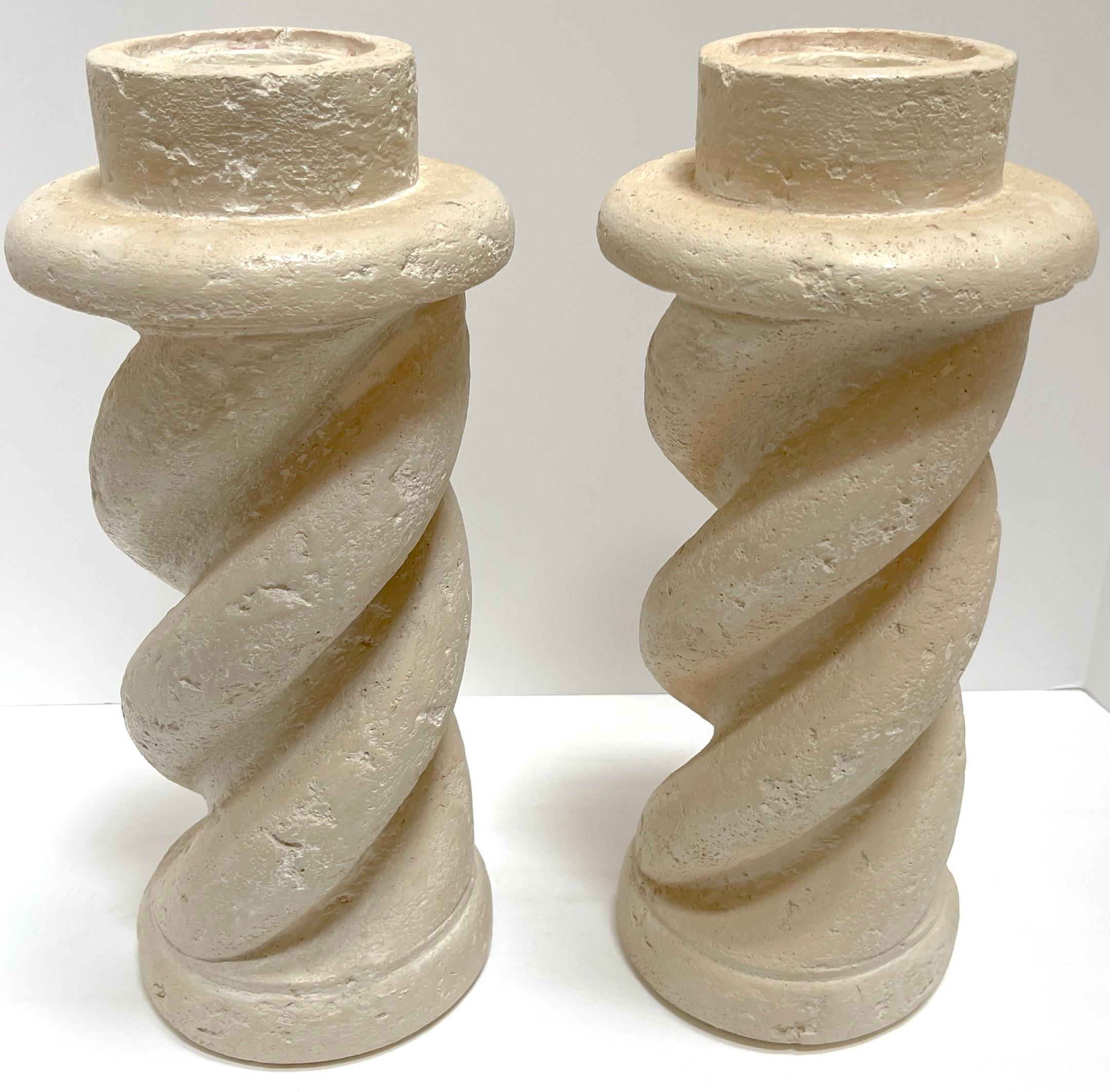 Pair of Michael Taylor Style Cast Plaster 'Coquina Stone' Spiral Candlesticks  In Good Condition For Sale In West Palm Beach, FL