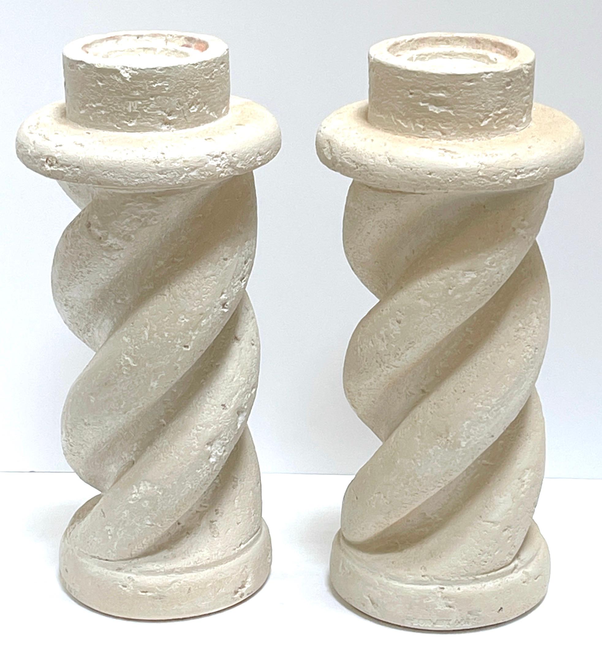 20th Century Pair of Michael Taylor Style Cast Plaster 'Coquina Stone' Spiral Candlesticks  For Sale