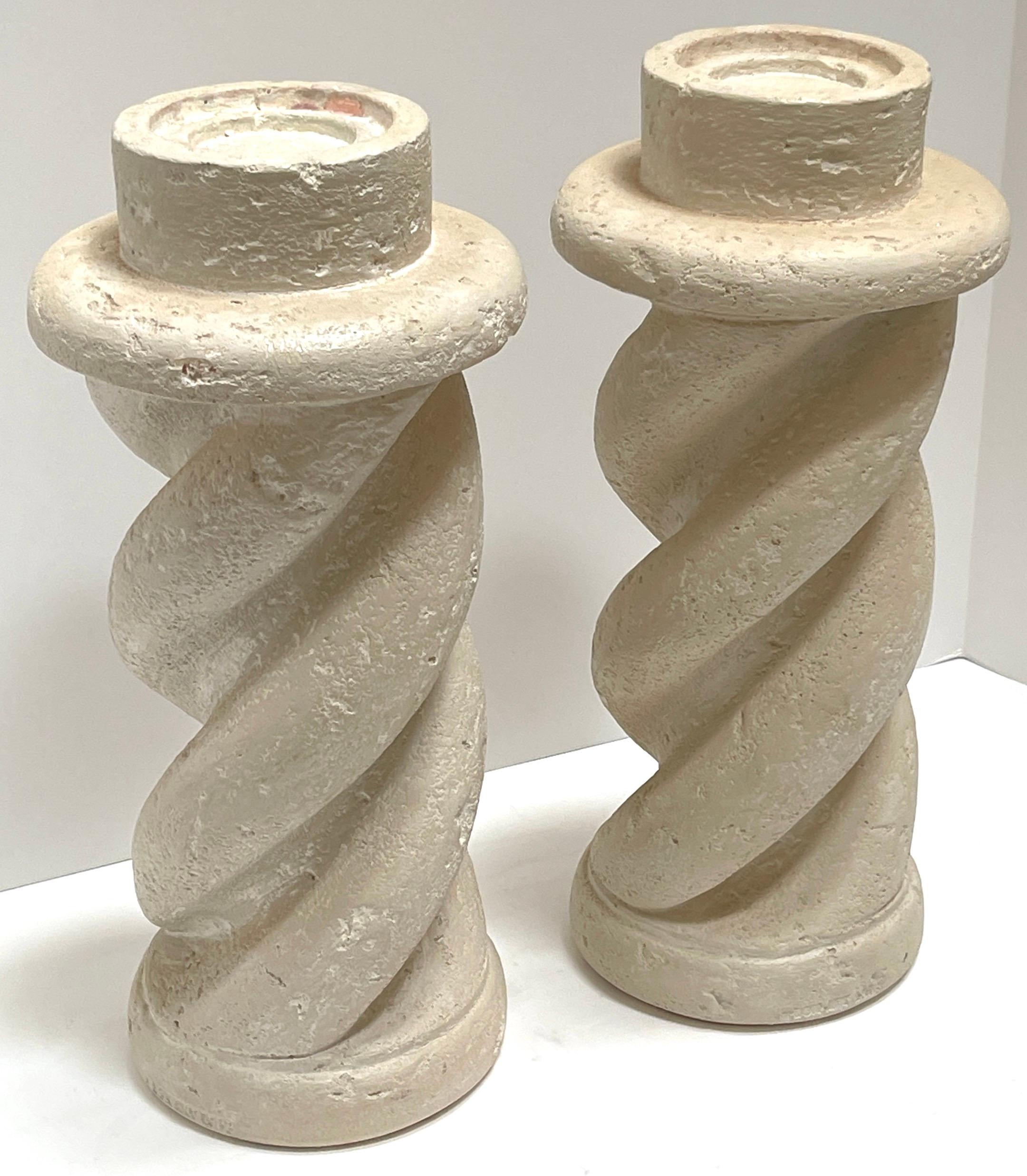 Pair of Michael Taylor Style Cast Plaster 'Coquina Stone' Spiral Candlesticks  For Sale 1