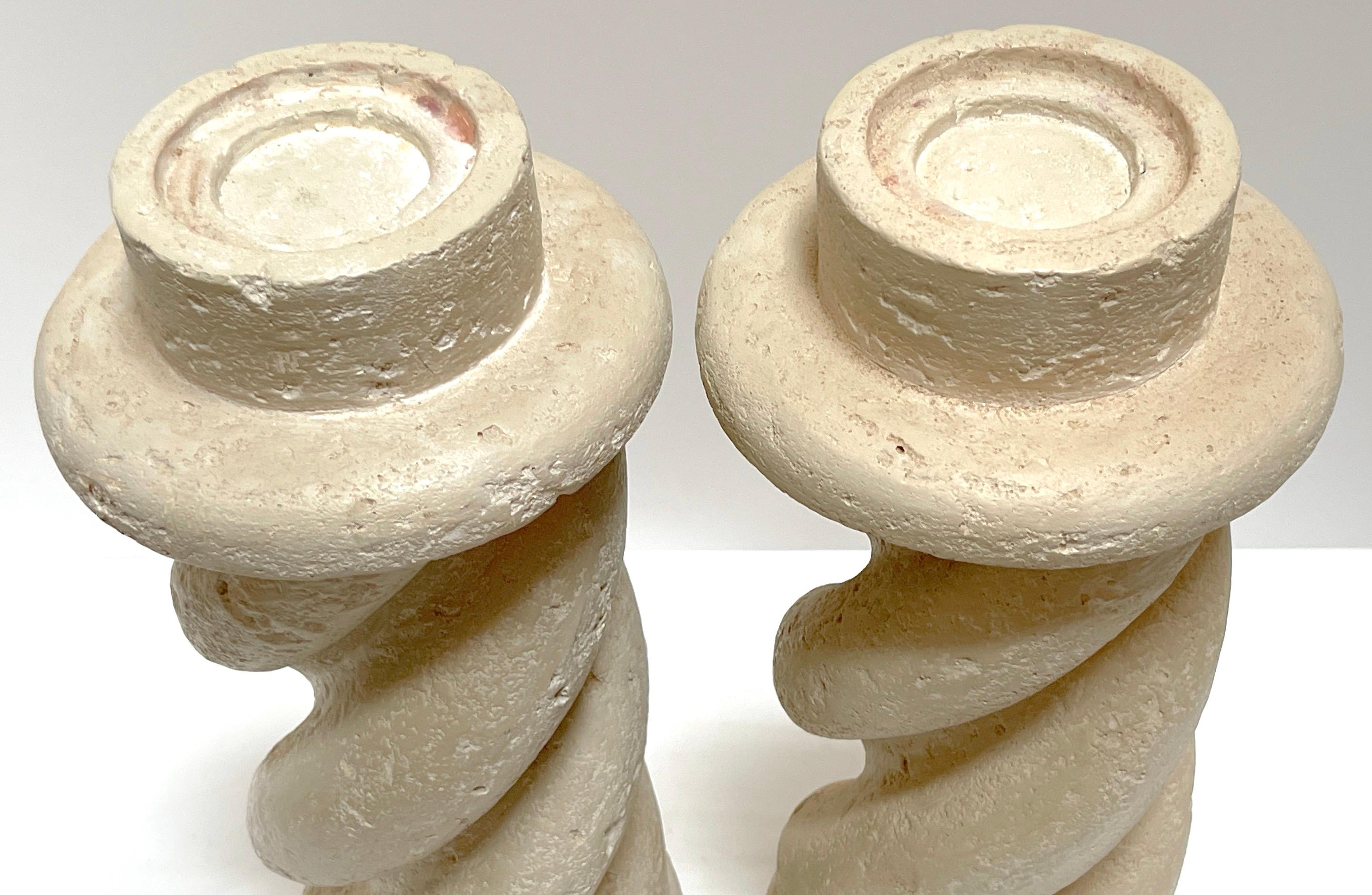 Pair of Michael Taylor Style Cast Plaster 'Coquina Stone' Spiral Candlesticks  For Sale 3